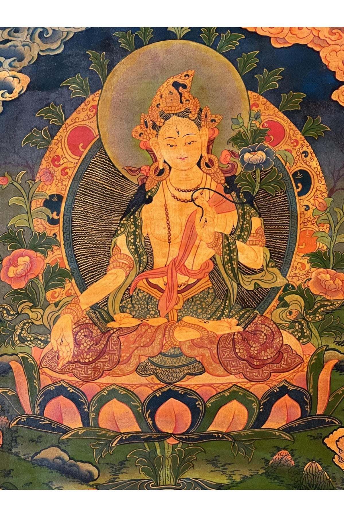 Hand-Painted White Tara Thangka | Tibetan Silk Brocade Wall Art