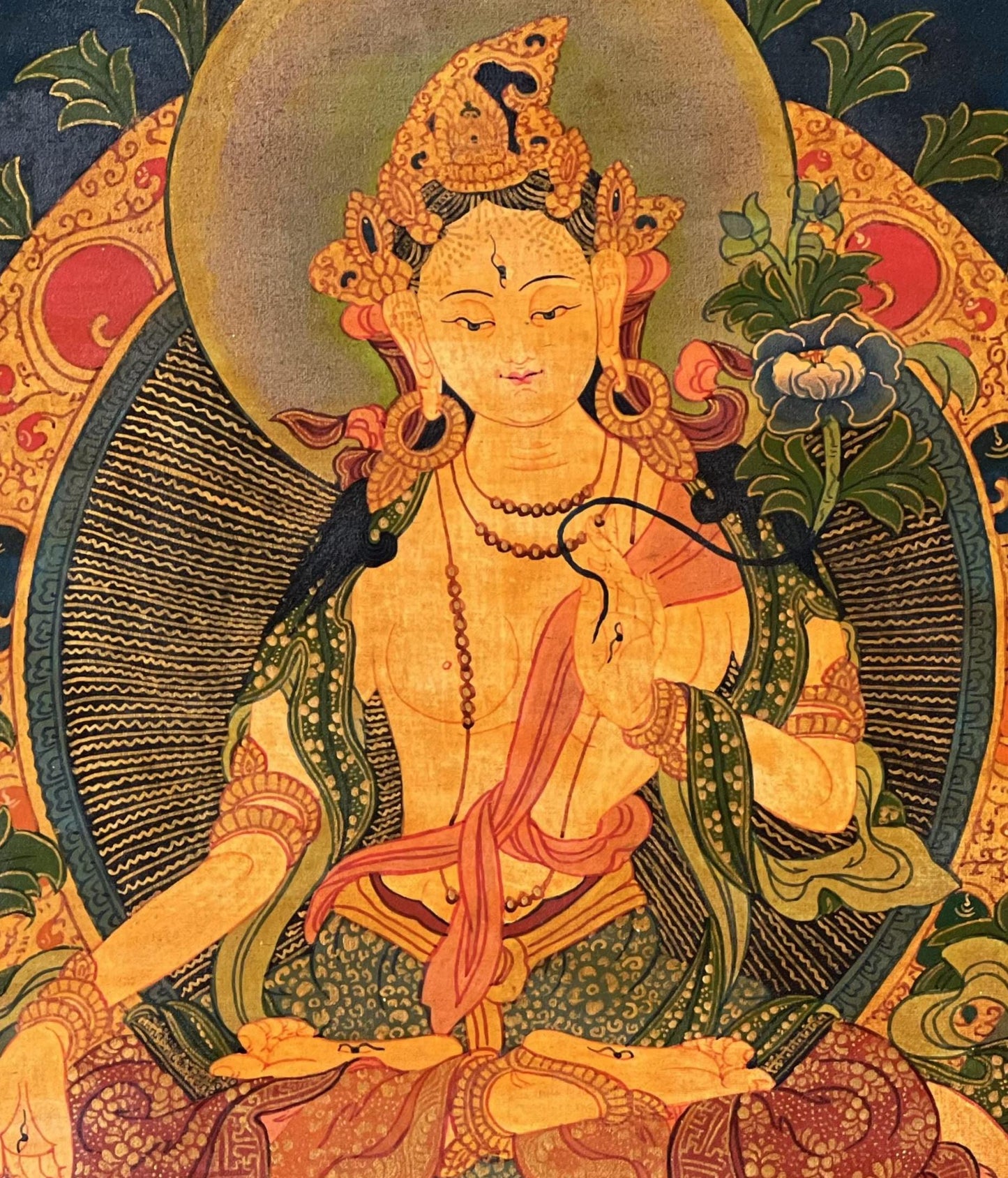 Hand-Painted White Tara Thangka | Tibetan Mother Goddess Wall Decor | Compassion Meditation Art | Oil Varnish Painting with Silk Brocade