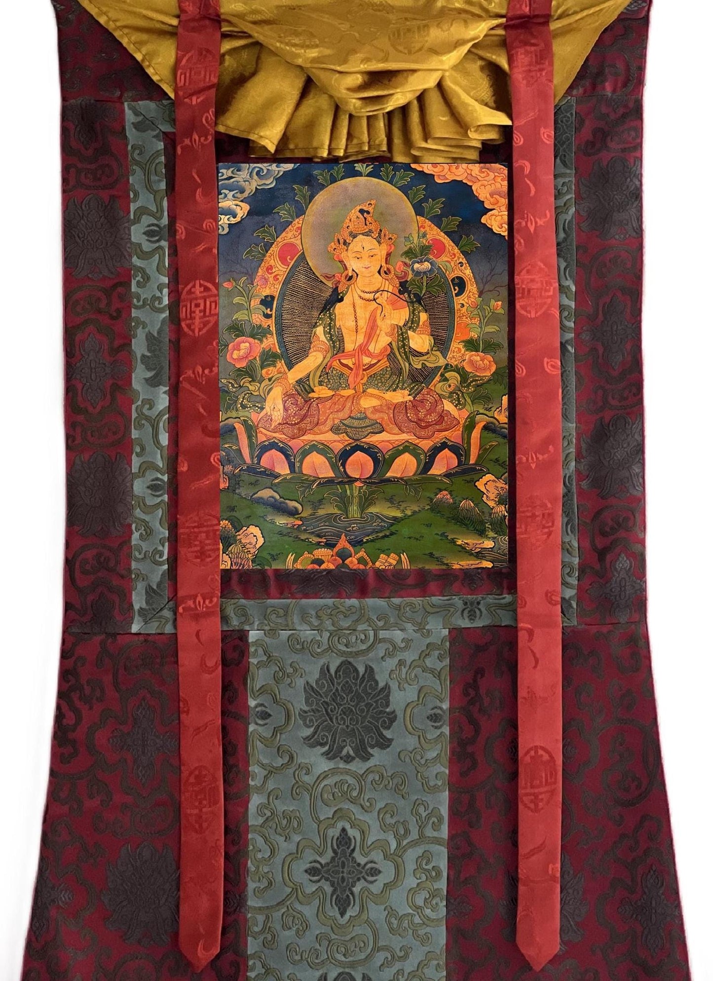 Hand-Painted White Tara Thangka | Tibetan Mother Goddess Wall Decor | Compassion Meditation Art | Oil Varnish Painting with Silk Brocade