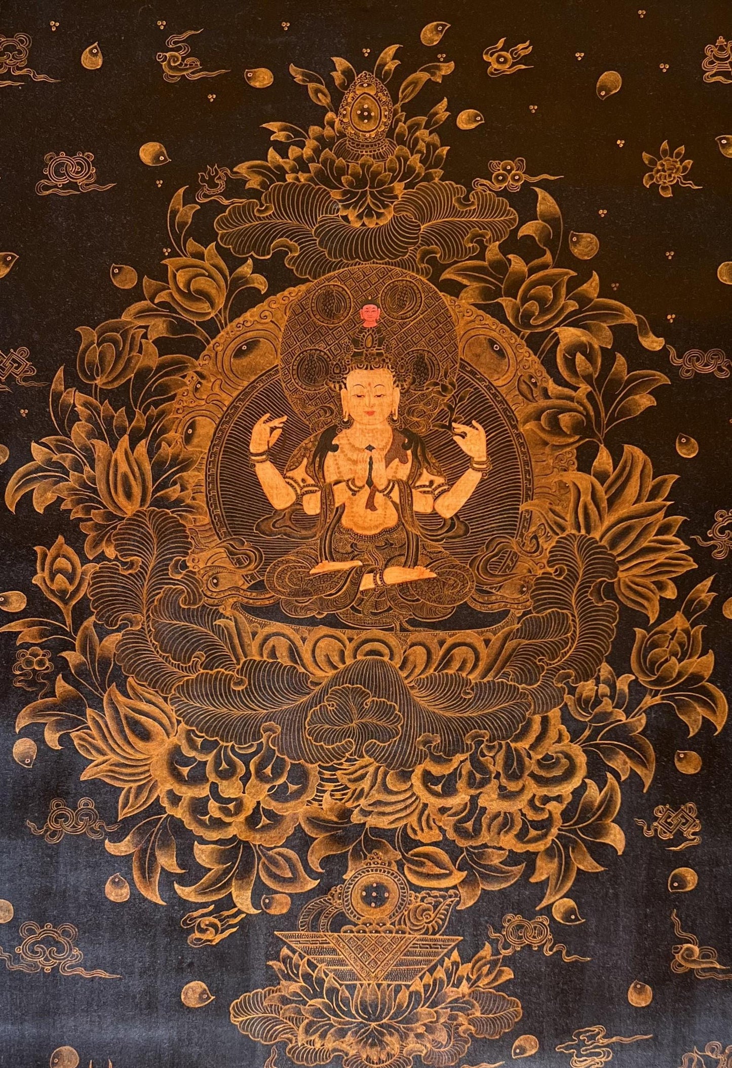 Hand-Painted White Tara Thangka – Tibetan Silk Brocade Art