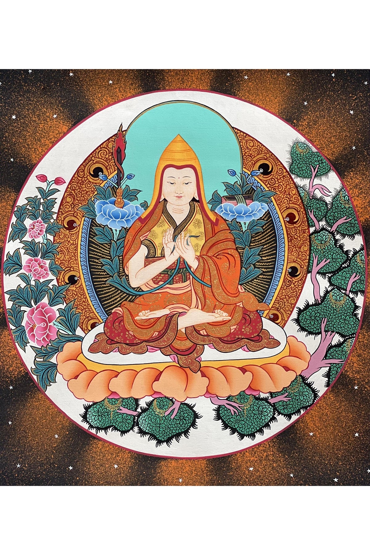 Hand-Painted Tsongkhapa Tibetan Thangka Painting: Silk Brocade Art