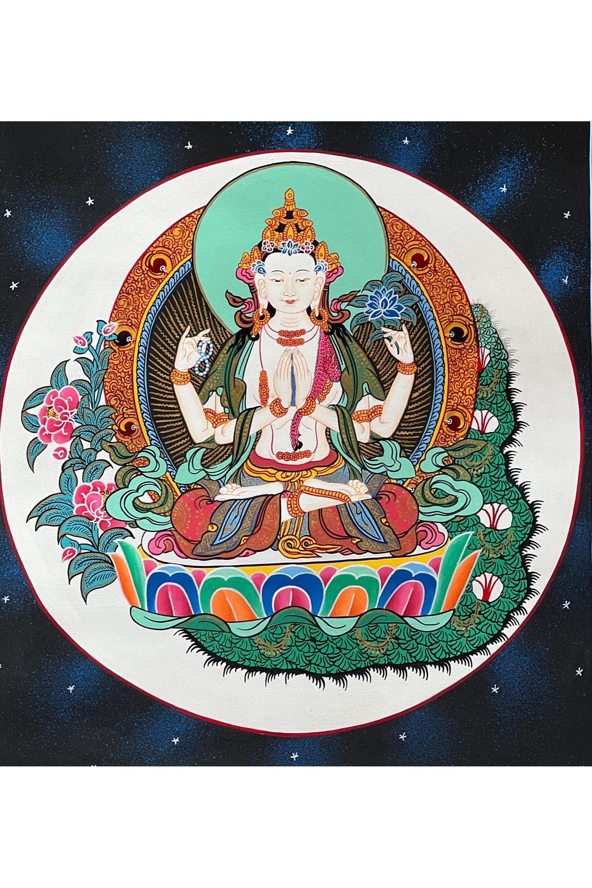 Hand-Painted Chenrezig Thangka | Compassion Buddha, Silk Brocade