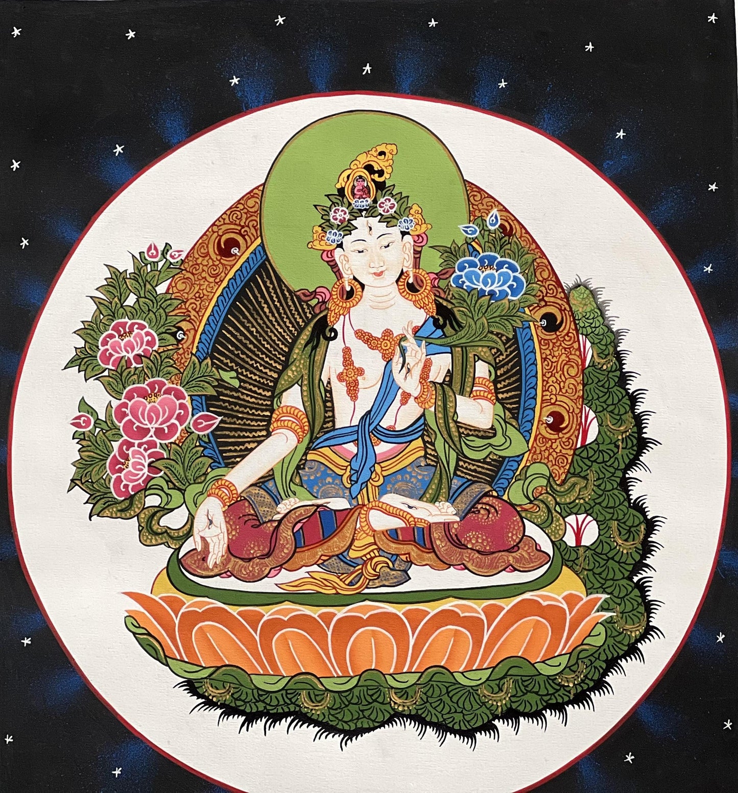 Hand-Painted White Tara Thangka – Tibetan Goddess Art with Silk Brocade