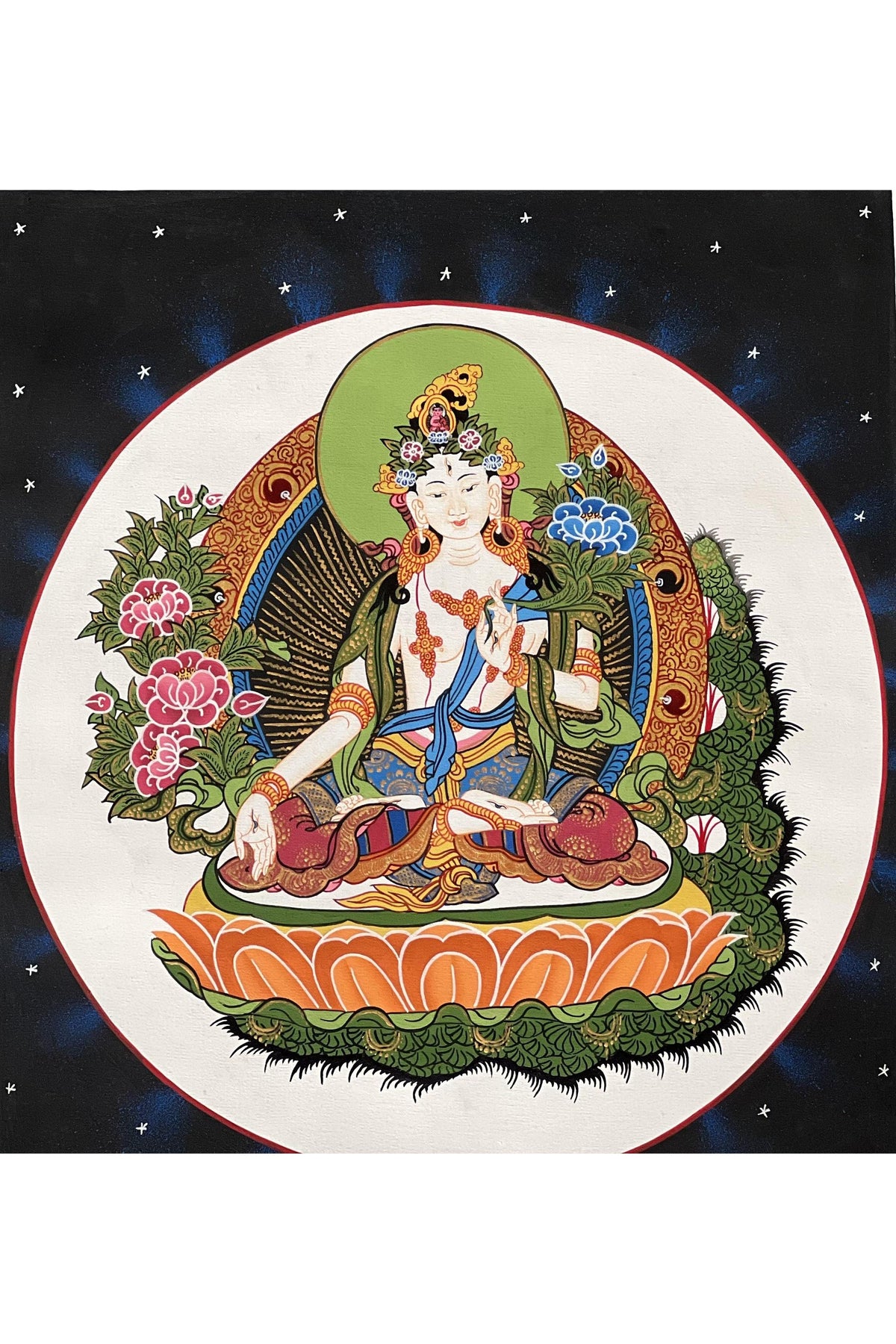 Hand-Painted White Tara Thangka – Tibetan Goddess Art with Silk Brocade