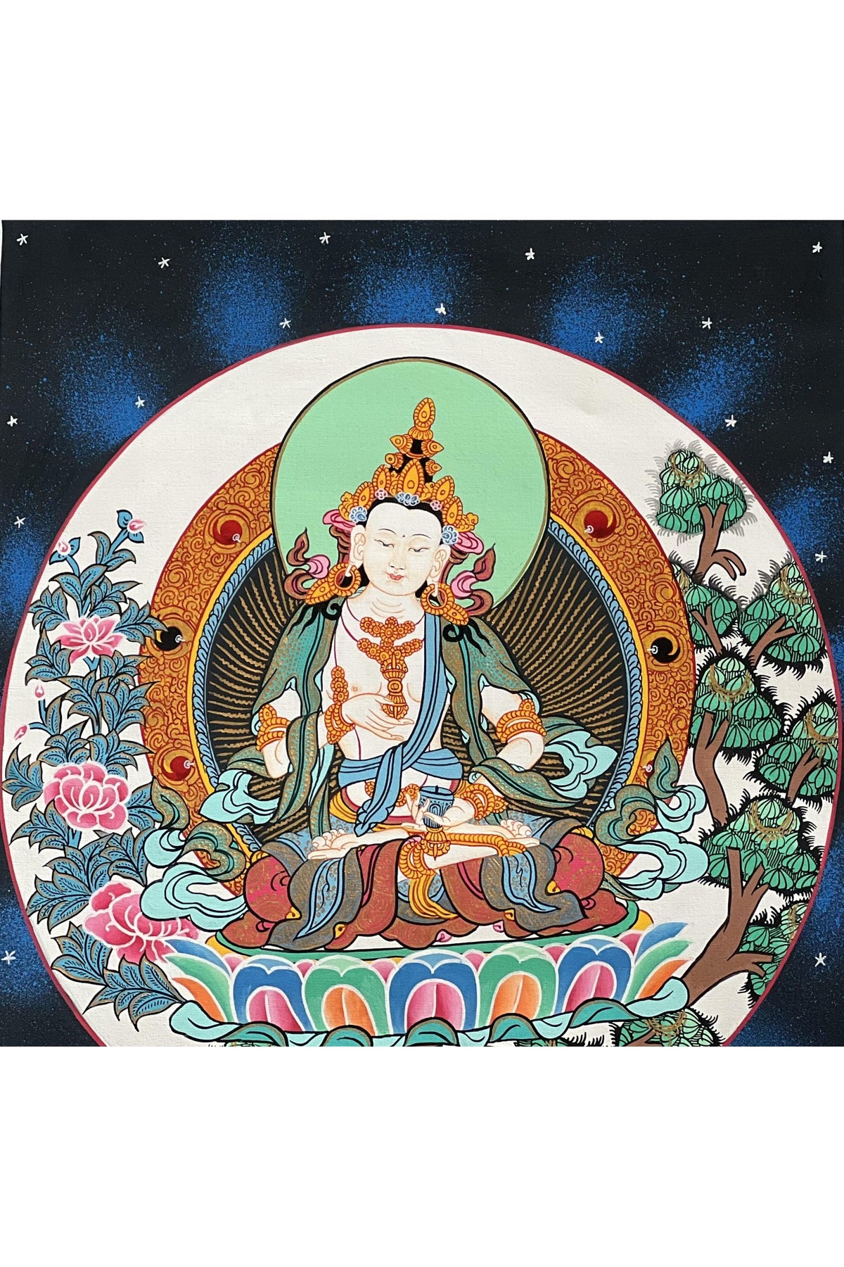 Hand-Painted Vajrasattva Thangka | Tibetan Silk Brocade Buddha Art