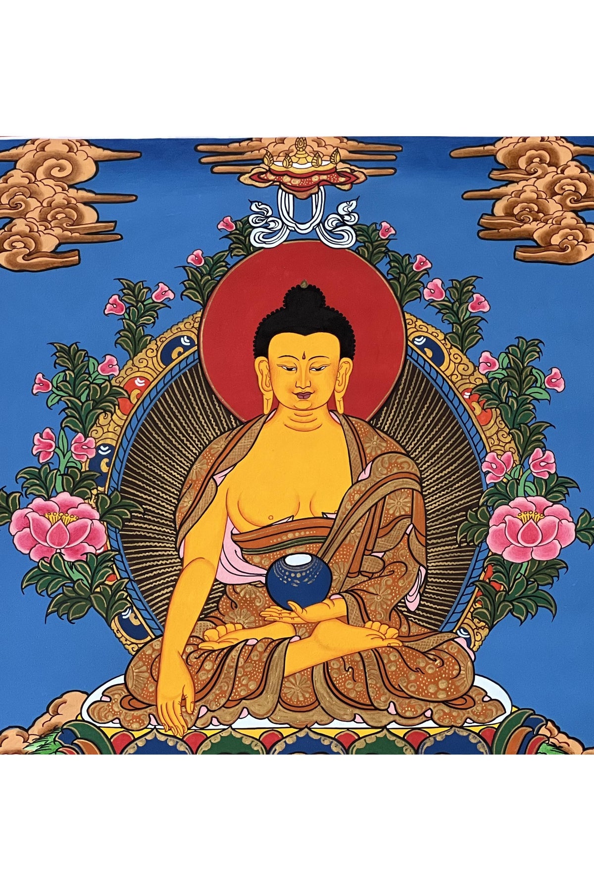 Hand-Painted Shakyamuni Buddha Thangka – Silk Brocade Frame, Tibetan Art