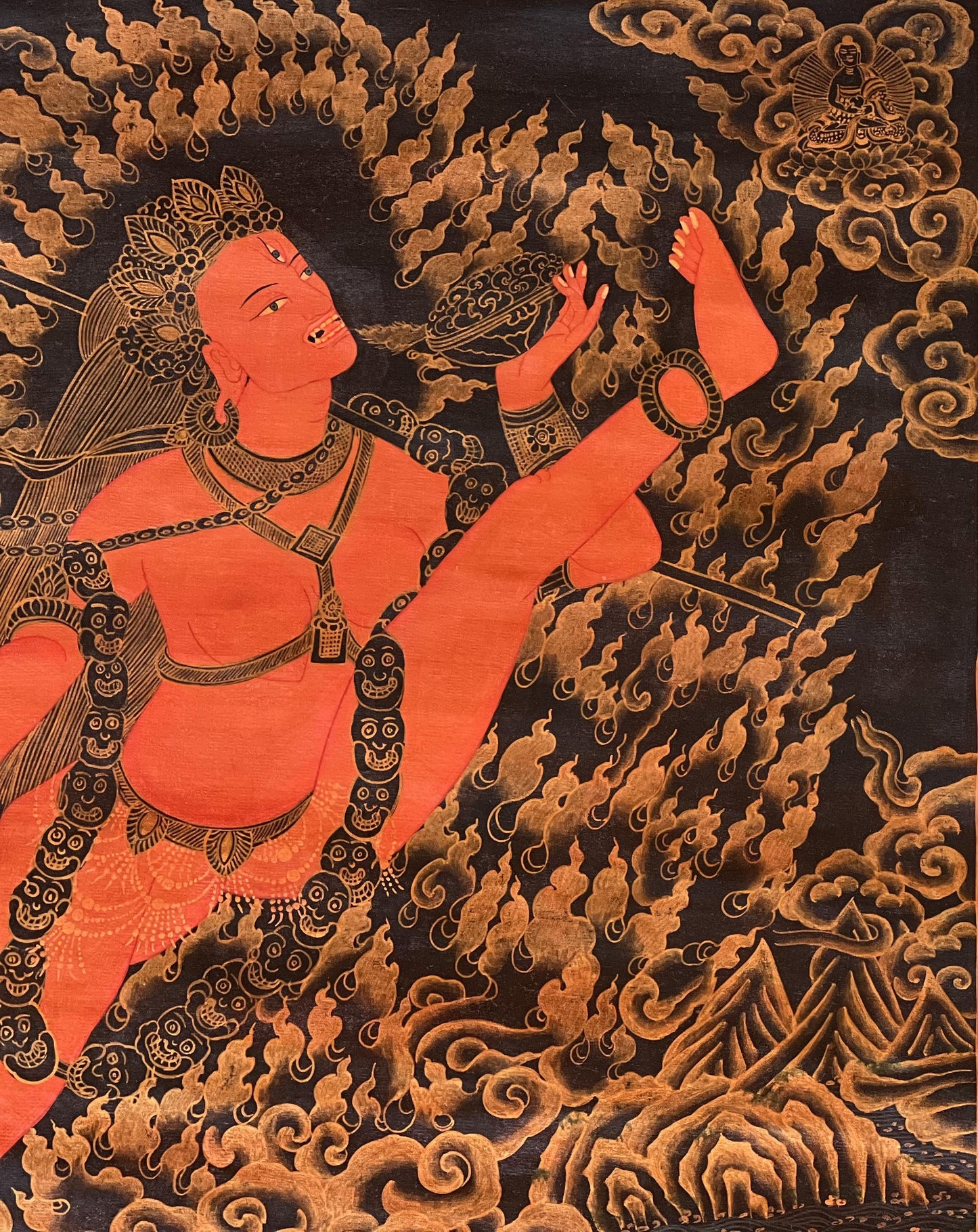 Hand-Painted Akash Jogini Thangka | Oil Varnished Tibetan Art with Silk Brocade