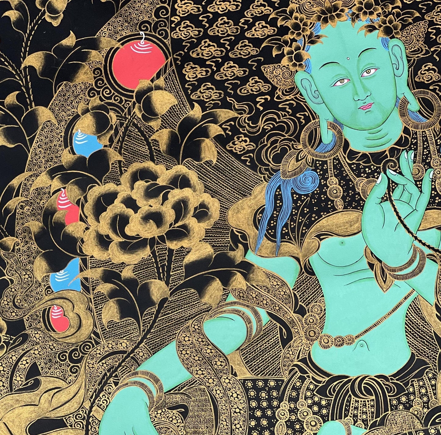 Large Green Tara Thangka | Hand-Painted Black & Gold Tibetan Goddess Art (Masterpiece)