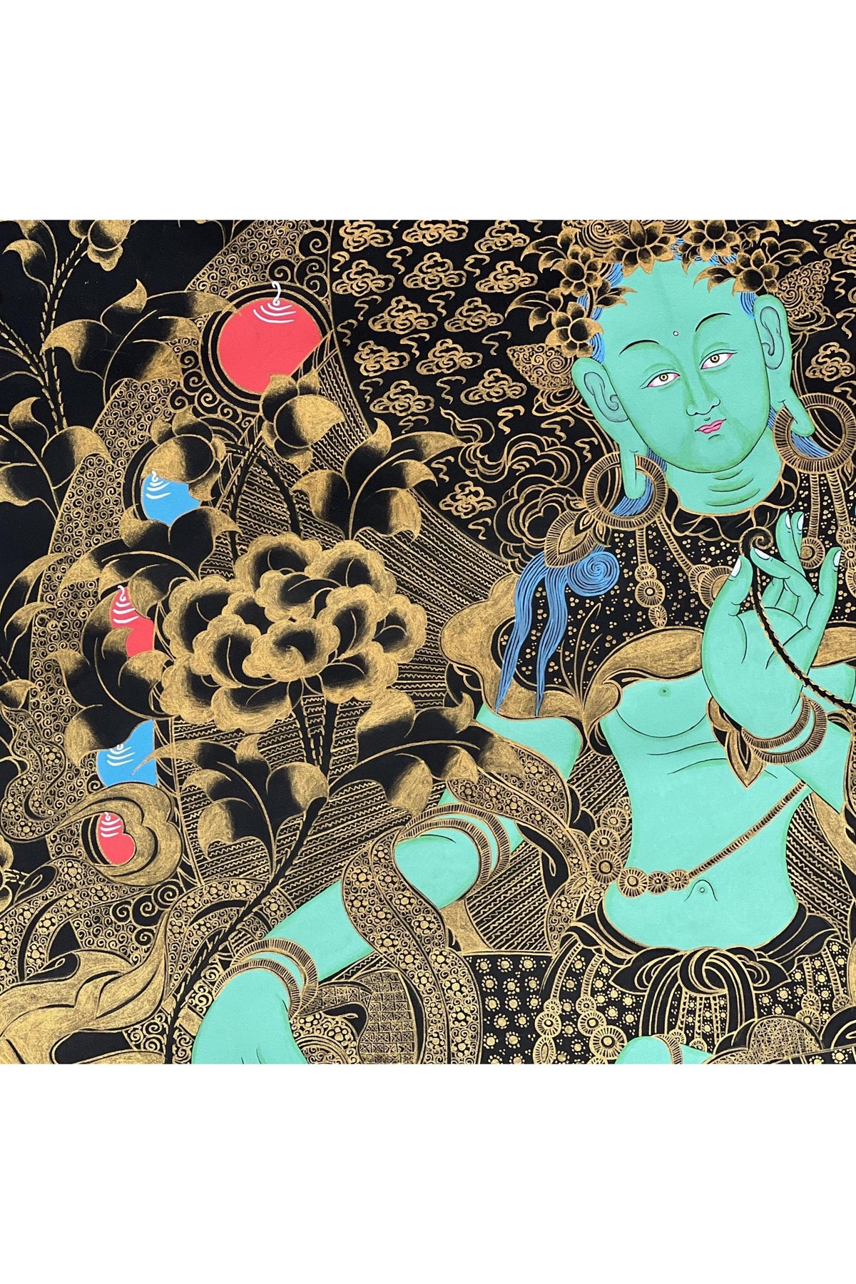 Large Green Tara Thangka | Hand-Painted Black & Gold Tibetan Goddess Art (Masterpiece)