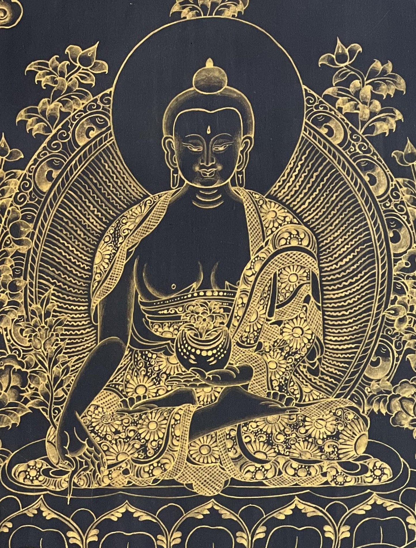 Hand-Painted Medicine Buddha Thangka | Black and Gold, Silk Brocade