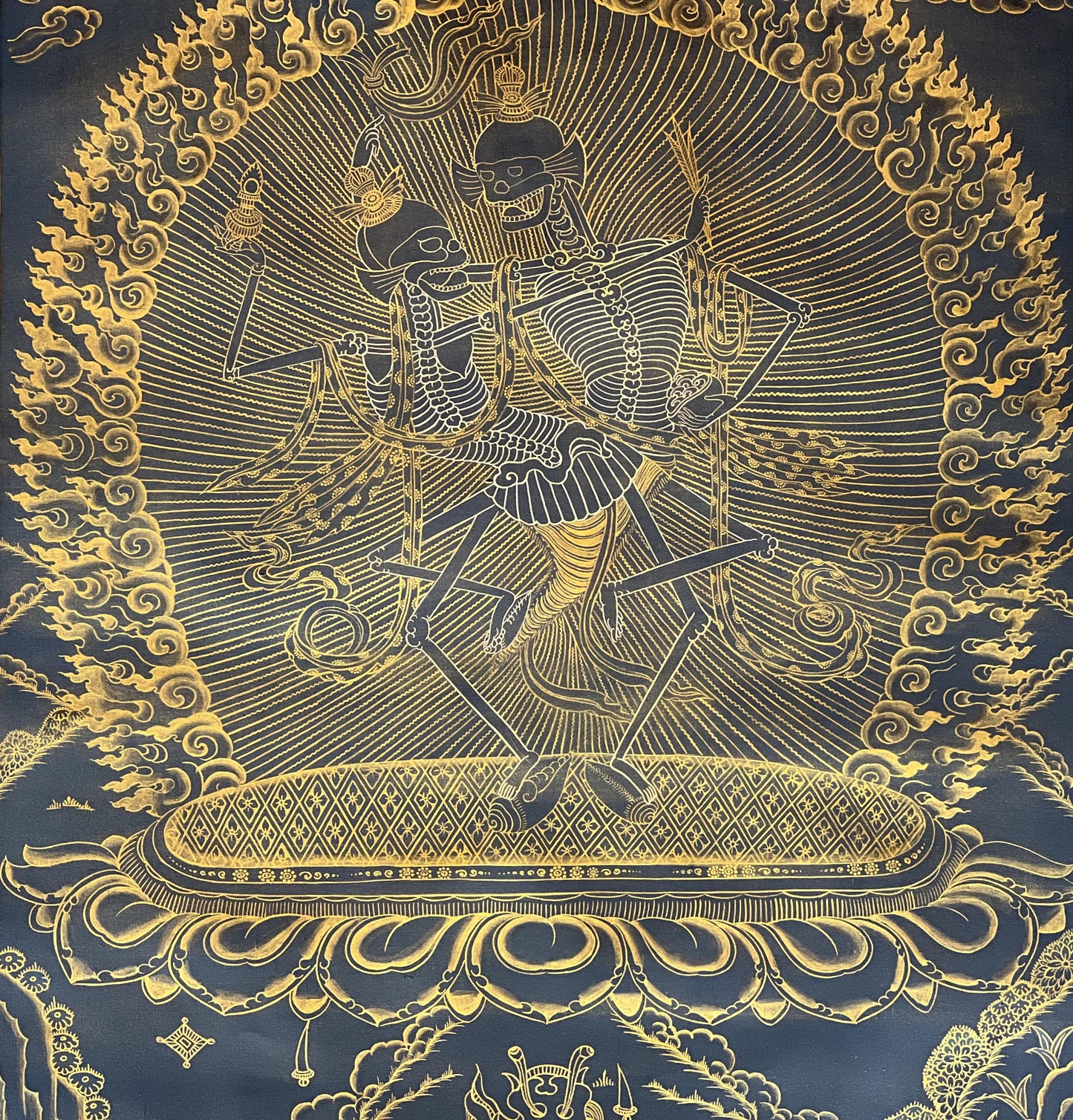 Hand-Painted Citipati Thangka | Dancing Skeletons, Tibetan Art, Silk Brocade