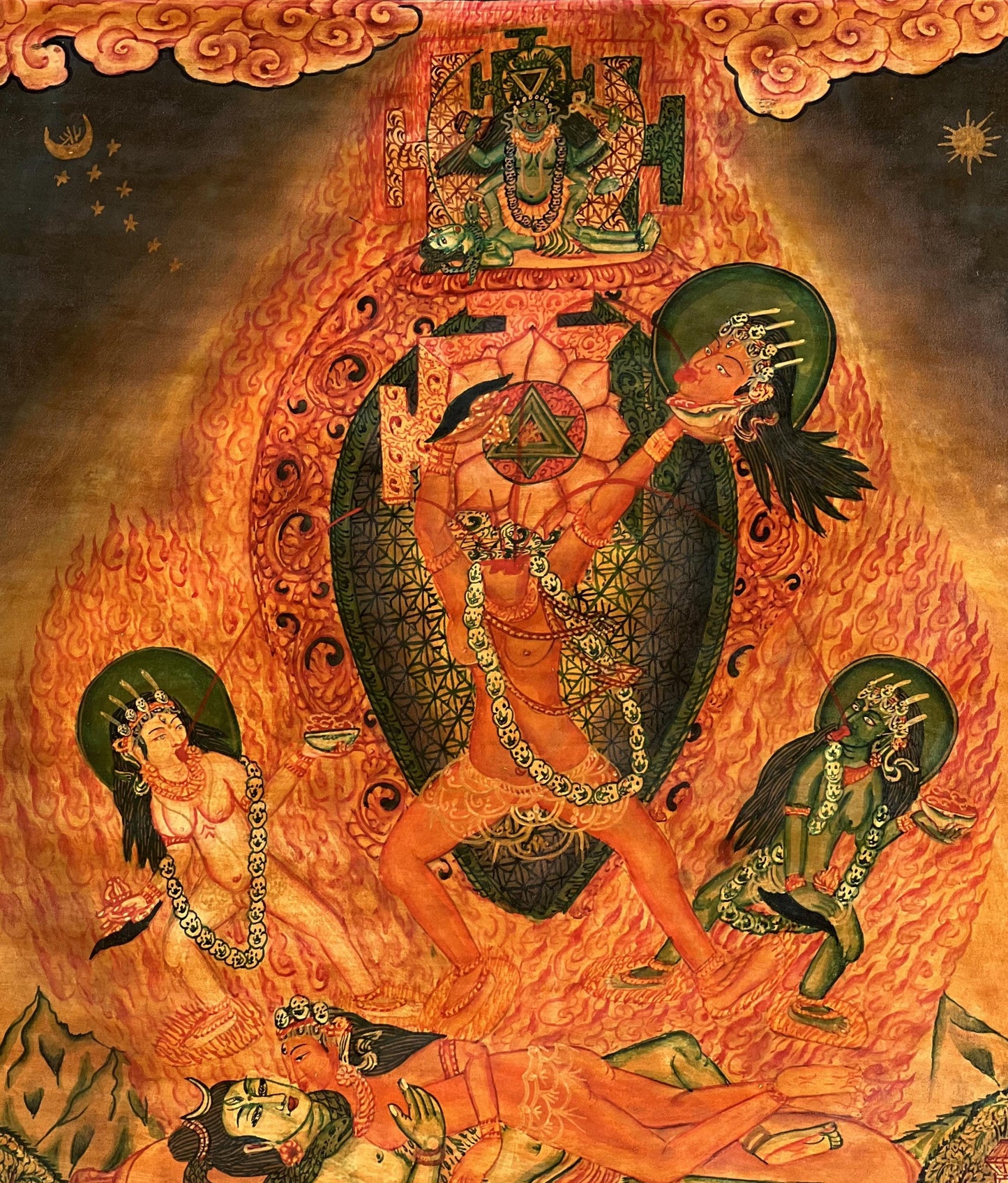 Hand-Painted Chhinnamasta Thangka | Newari Paubha, Silk Brocade Frame