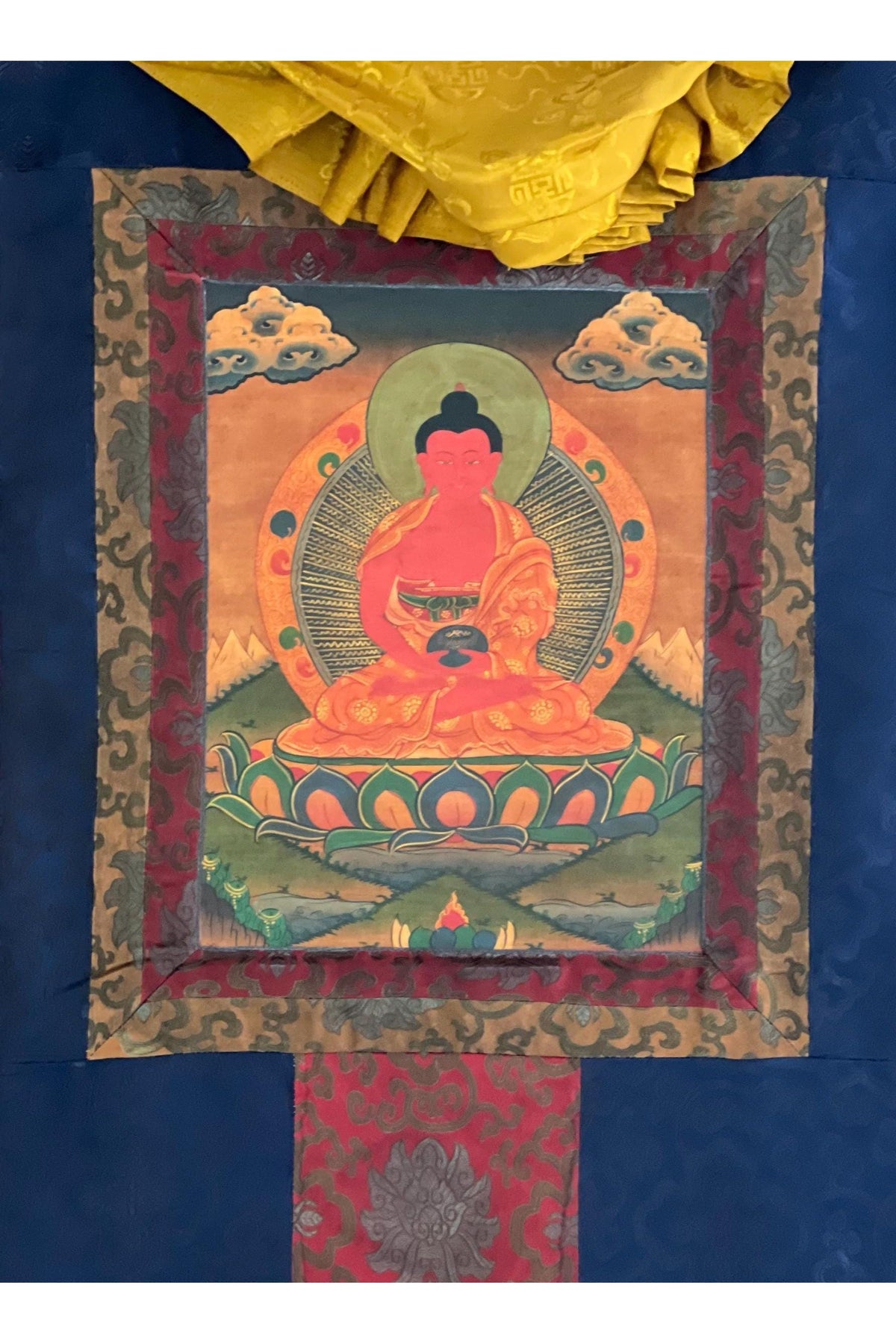 Hand-Painted Amitabha Buddha Thangka | Tibetan Silk Brocade Painting