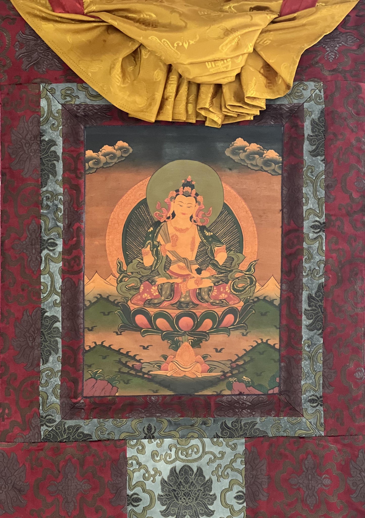 Hand-Painted Vajrasattva Thangka | Oil Varnished Tibetan Painting Silk Brocade