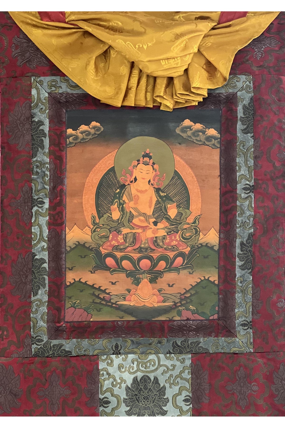 Hand-Painted Vajrasattva Thangka | Oil Varnished Tibetan Painting Silk Brocade