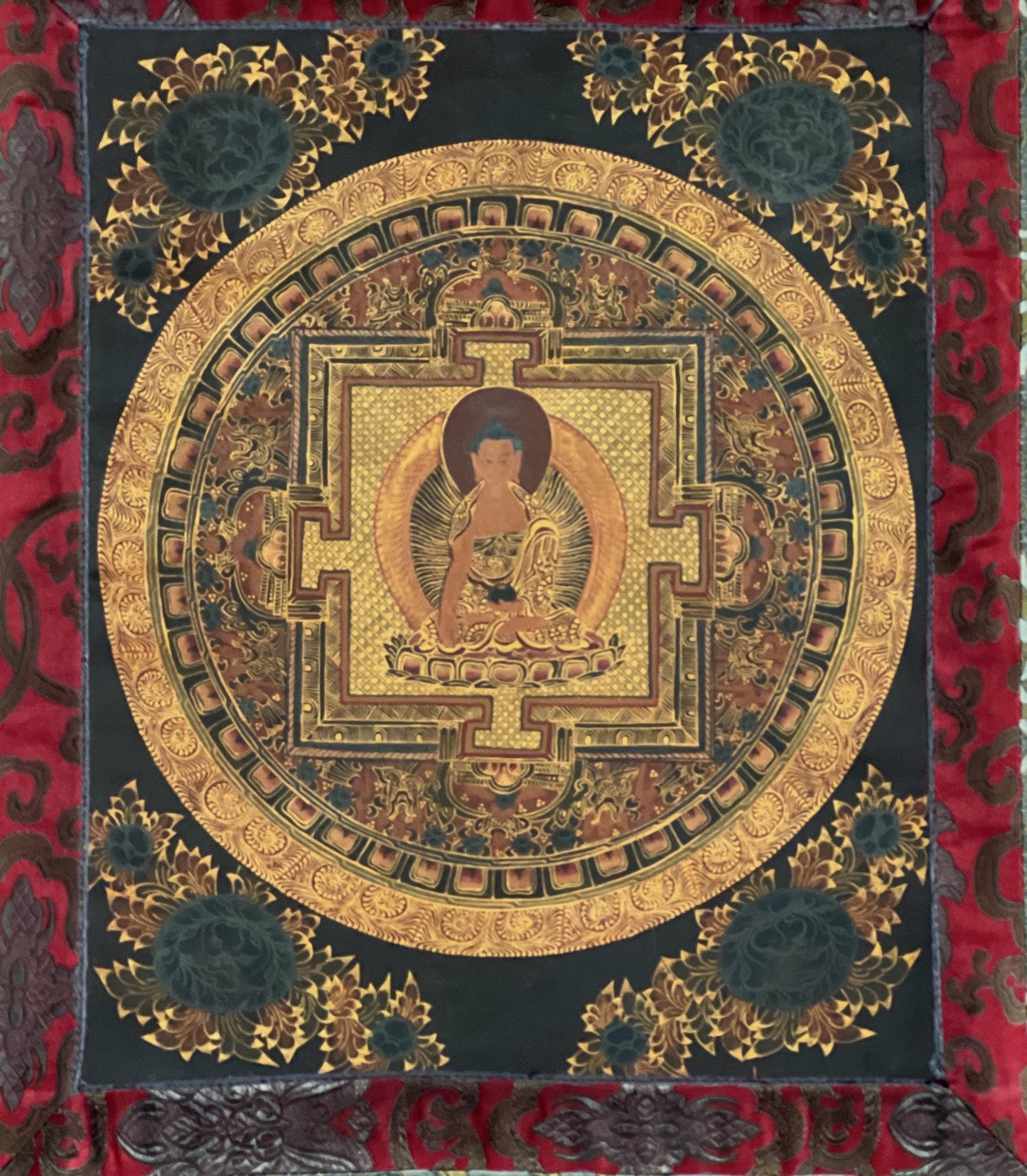 Hand-Painted Shakyamuni Buddha Mandala Thangka | Silk Brocade Art
