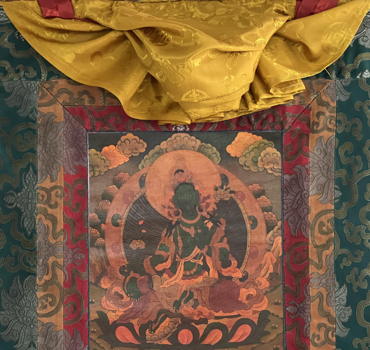 Original Hand-painted Green Tara/ Mother Goddess Oil Varnished Tibetan Thangka Painting with Silk Brocade