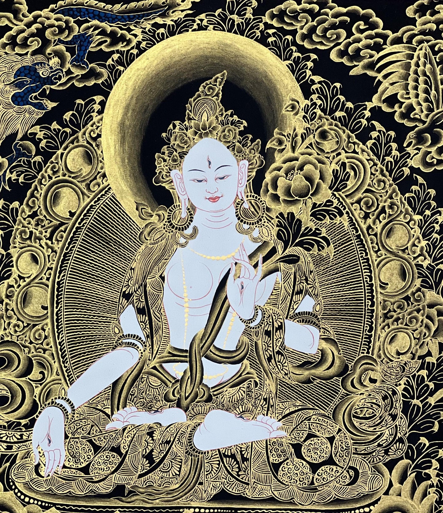 White Tara Thangka Painting – Hand-Painted Tibetan Buddhist Art, Silk Brocade