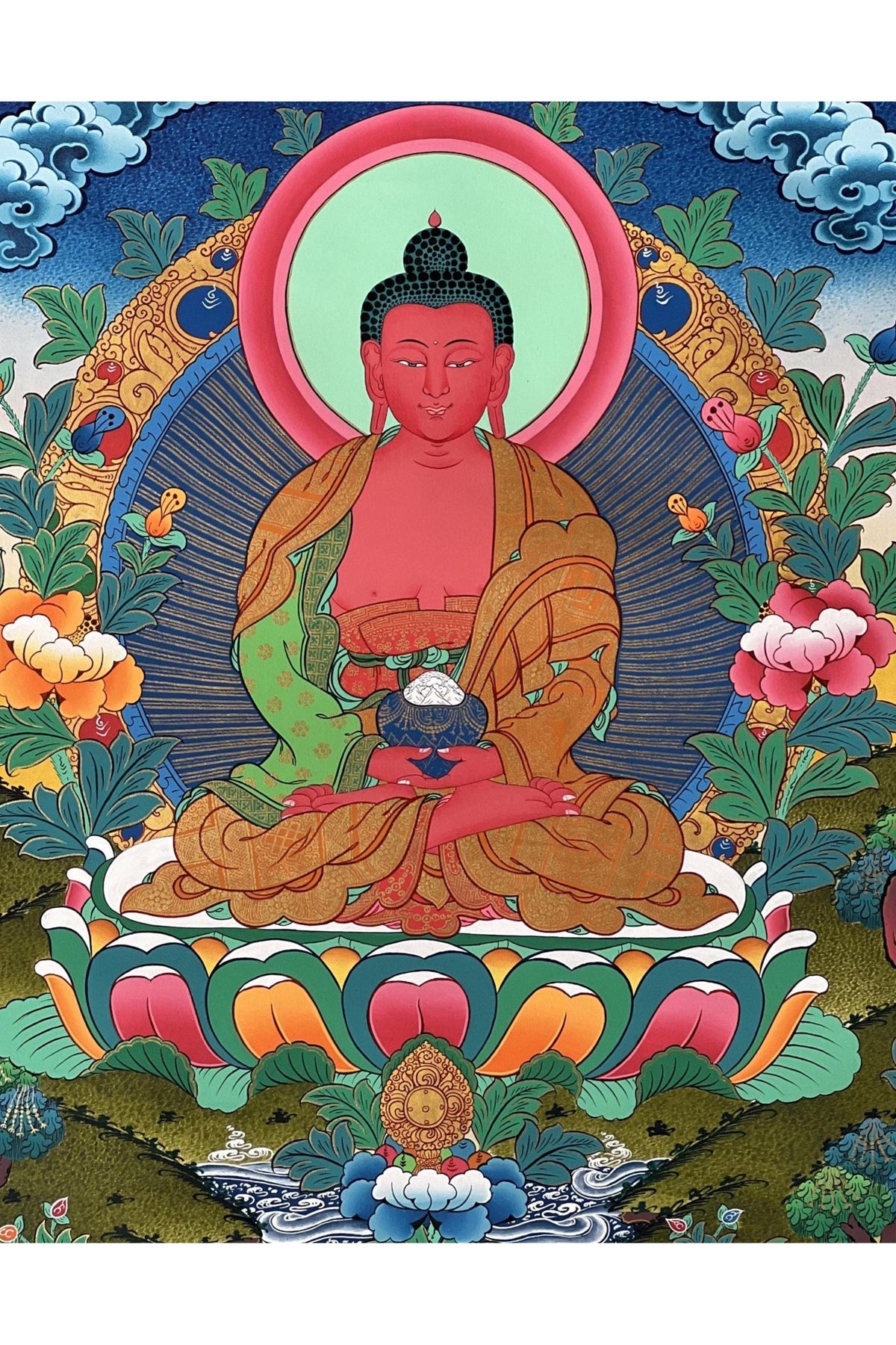 Hand-Painted Amitayus Buddha Thangka | Tibetan Longevity Deity Painting