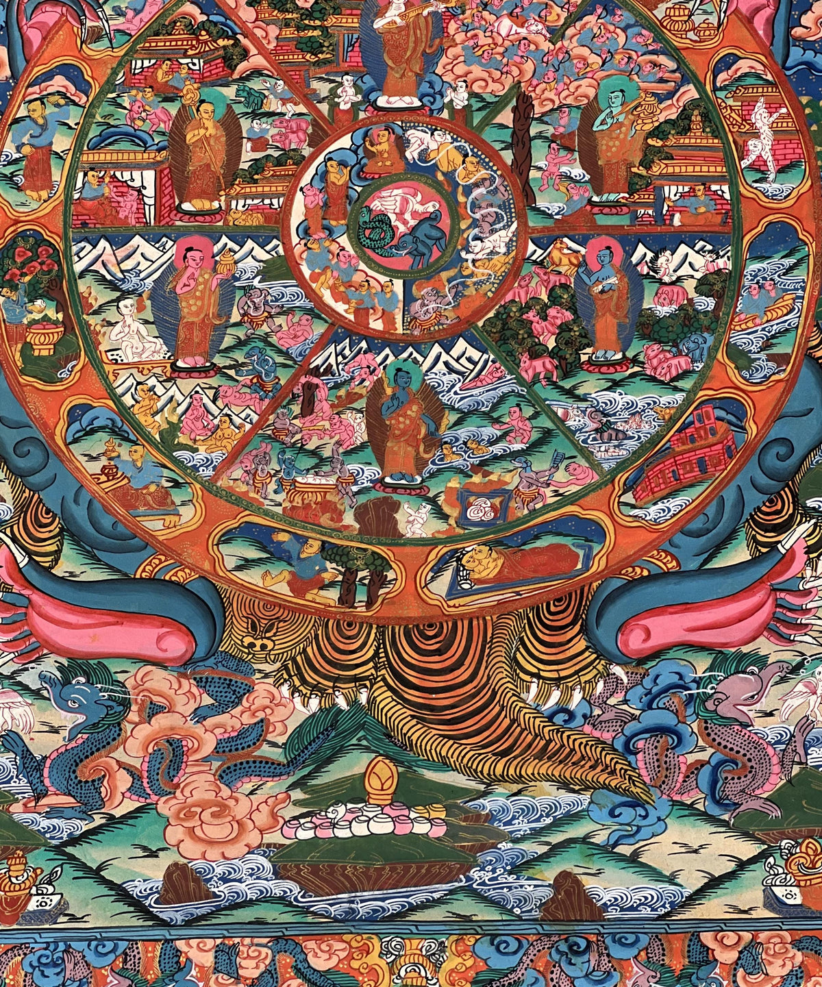 Hand-Painted Samsara Wheel of Life Thangka: Tibetan Buddhist Bhavachakra Mandala Art