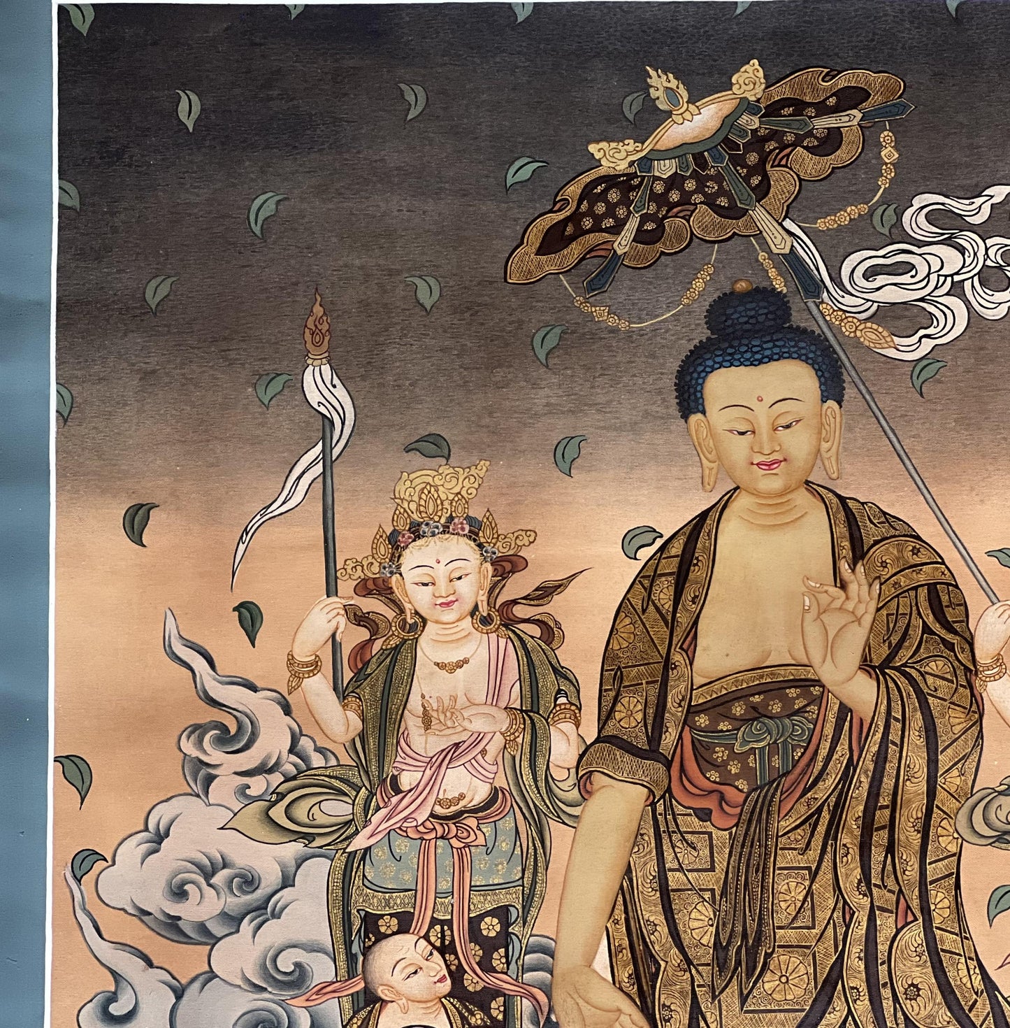 24k Gold Amitabha Buddha Japanese Thangka • Amida Sanzon with Kannon and Seishi Painting