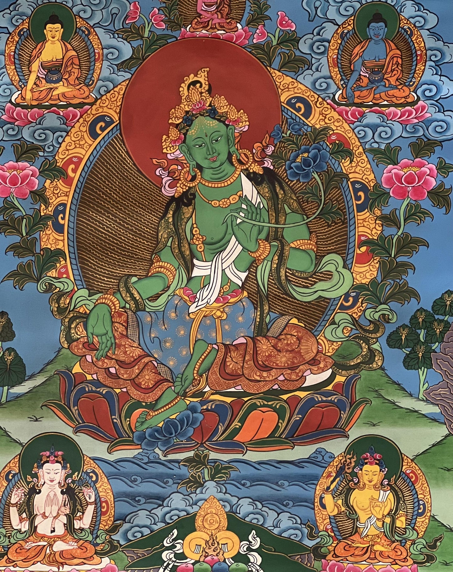 Hand-Painted Green Tara Thangka – Tibetan Goddess Art on Cotton Canvas