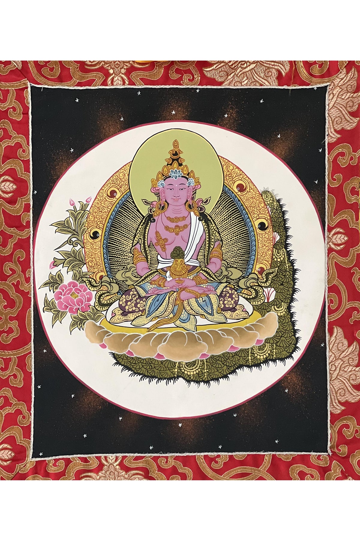 Hand-Painted Amitayus Buddha Thangka | Silk Brocade Tibetan Wall Hanging