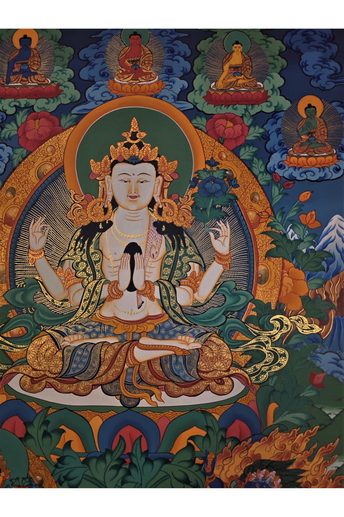 Hand-Painted Avalokiteshvara Thangka | Compassion Buddha Wall Hanging | Tibetan Meditation Art | Original Masterpiece