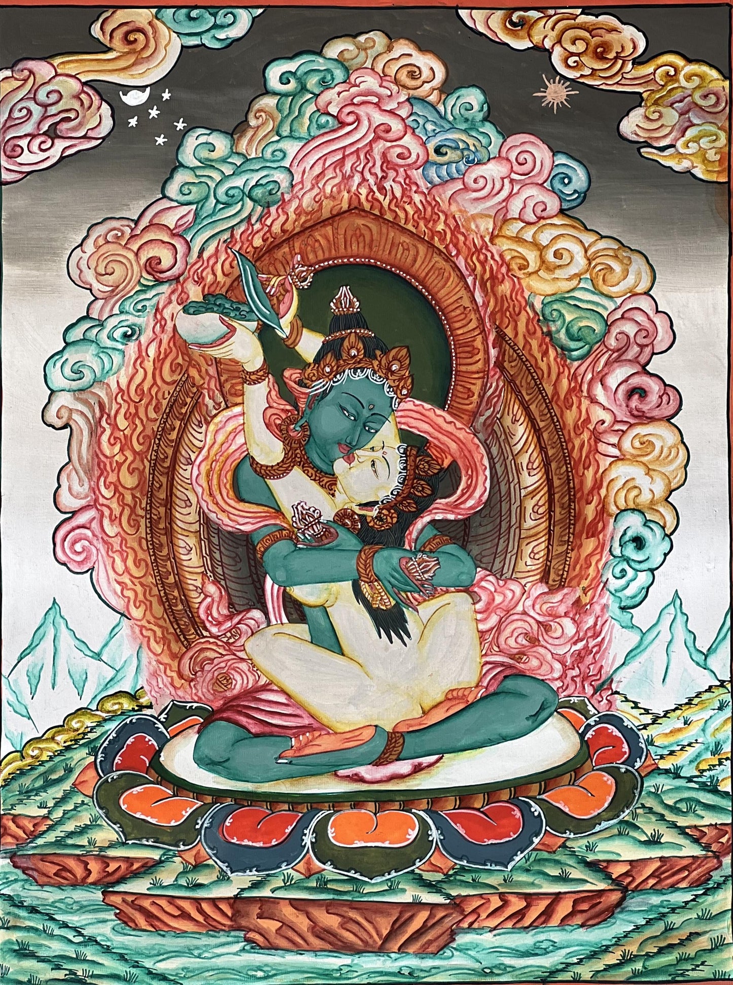 Original Hand-Painted Vajradhara & Prajnaparamita Newari Thangka | Yab-Yum Union | Tibetan Buddhist Art