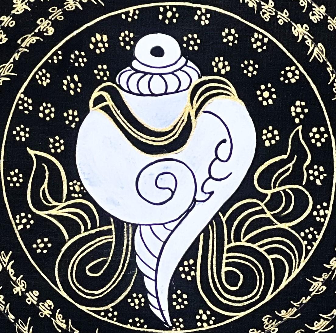 Hand-Painted Conch Shell Mandala Thangka Black & Gold Tibetan Art