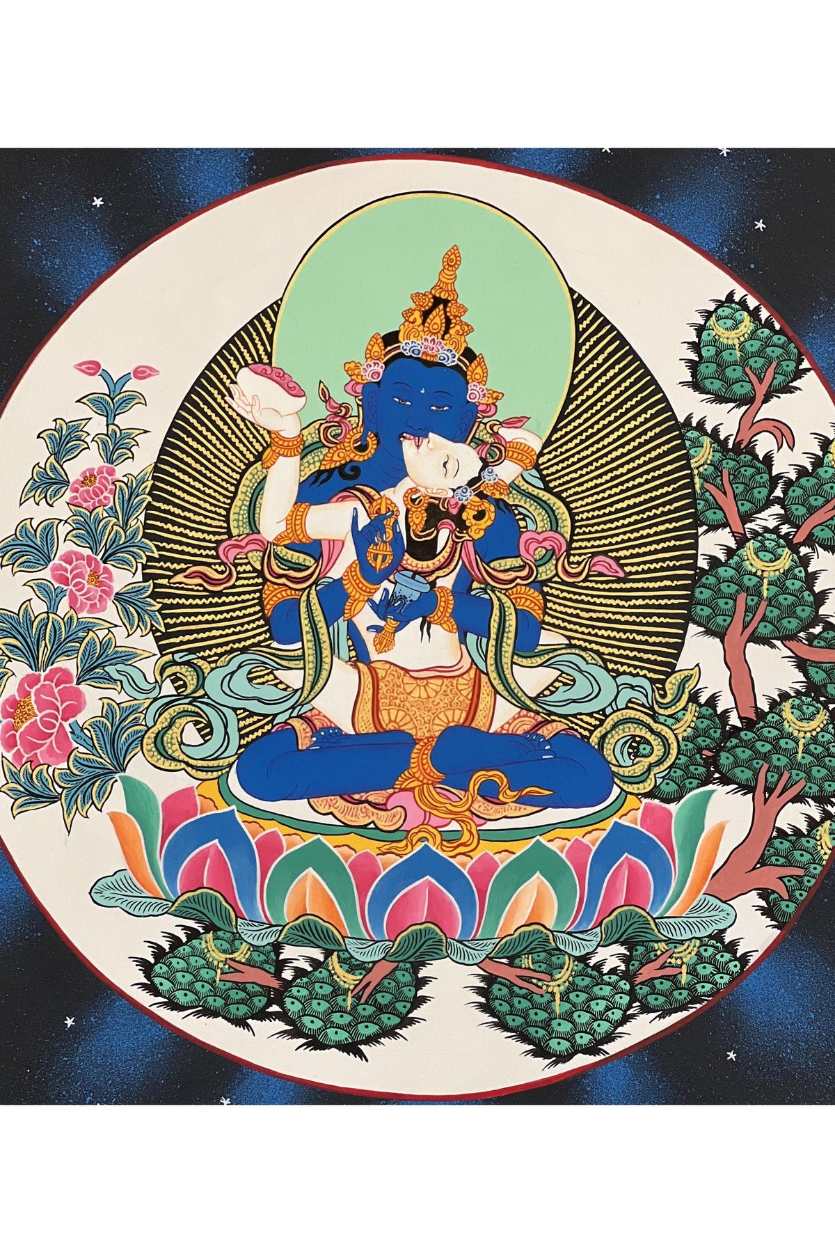 Hand-Painted Vajradhara YabYum Thangka with Silk Brocade
