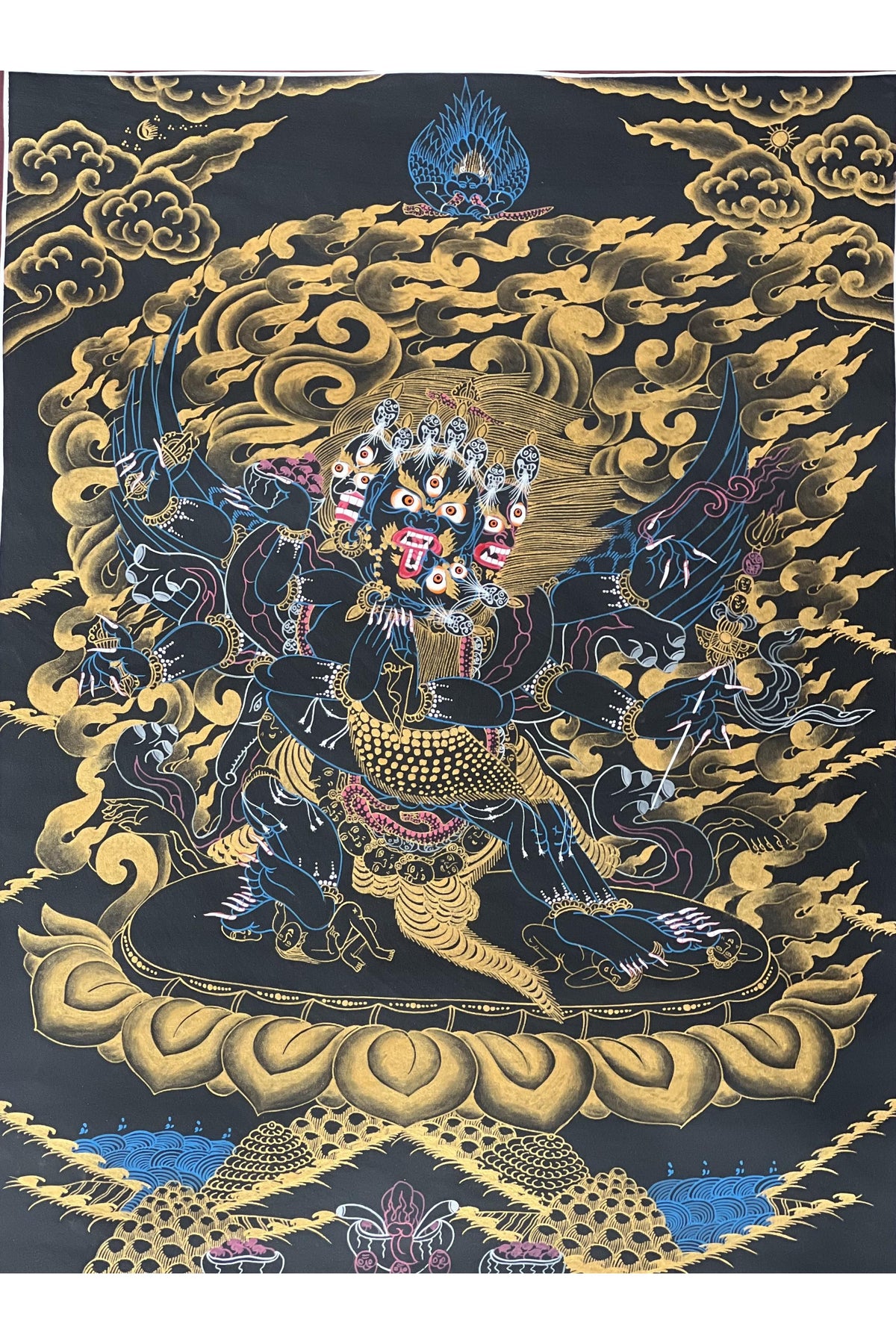 Hand-Painted Vajrakilaya Thangka – Black and Gold Buddhist Art with Silk Brocade
