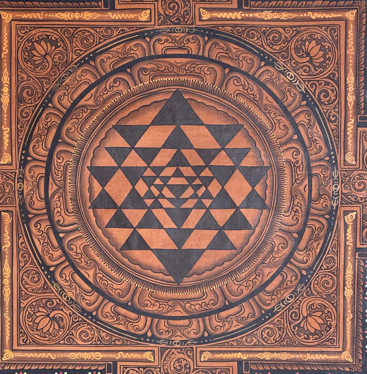 Hand-Painted Sri Yantra Mandala Thangka – Newari Art with Silk Brocade