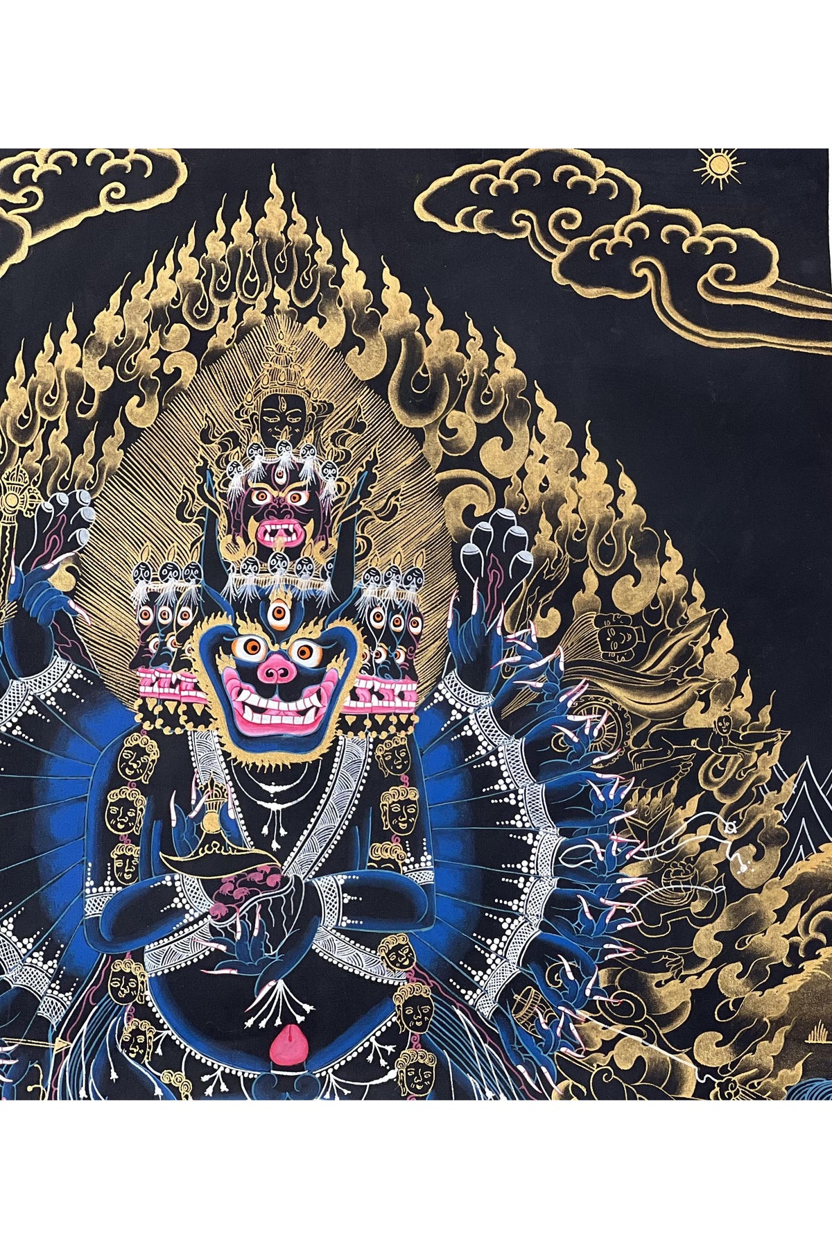 Hand-Painted Yamantaka Thangka – Black and Gold Tibetan Buddhist Art, Silk Brocade
