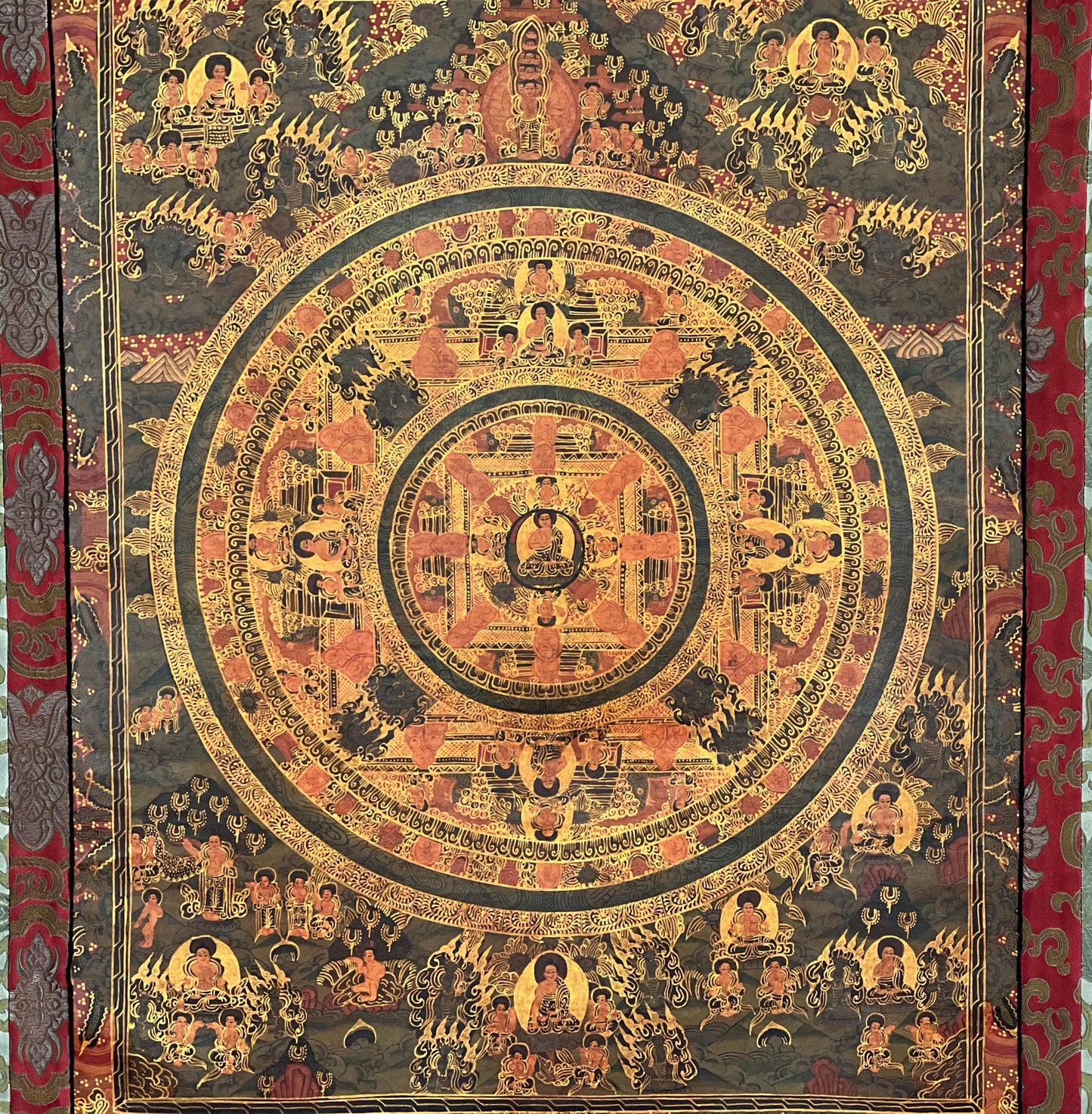 Hand-Painted Buddha Mandala Thangka – Tibetan Silk Brocade Art