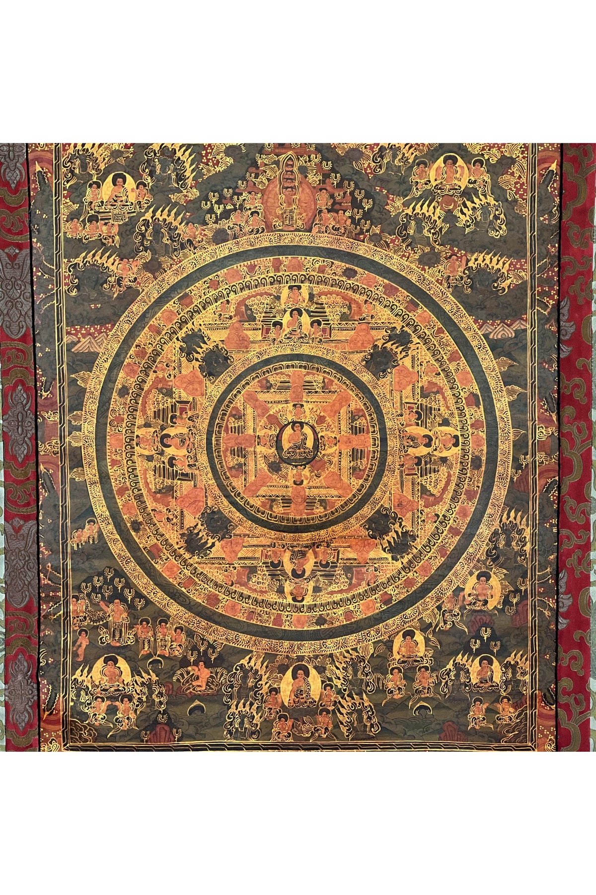 Hand-Painted Buddha Mandala Thangka – Tibetan Silk Brocade Art