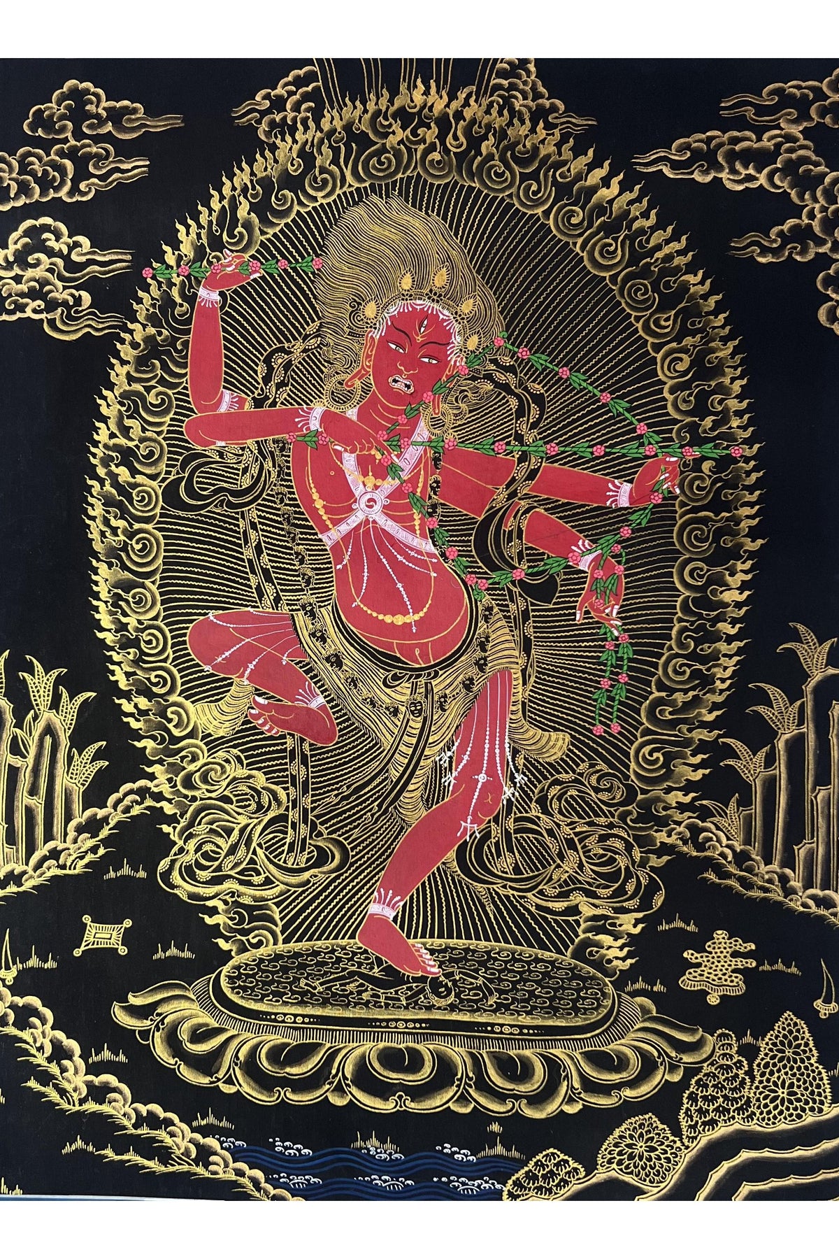 Hand-Painted Black and Gold Kurukulla Tibetan Thangka | Spiritual Art for Meditation & Home Decor