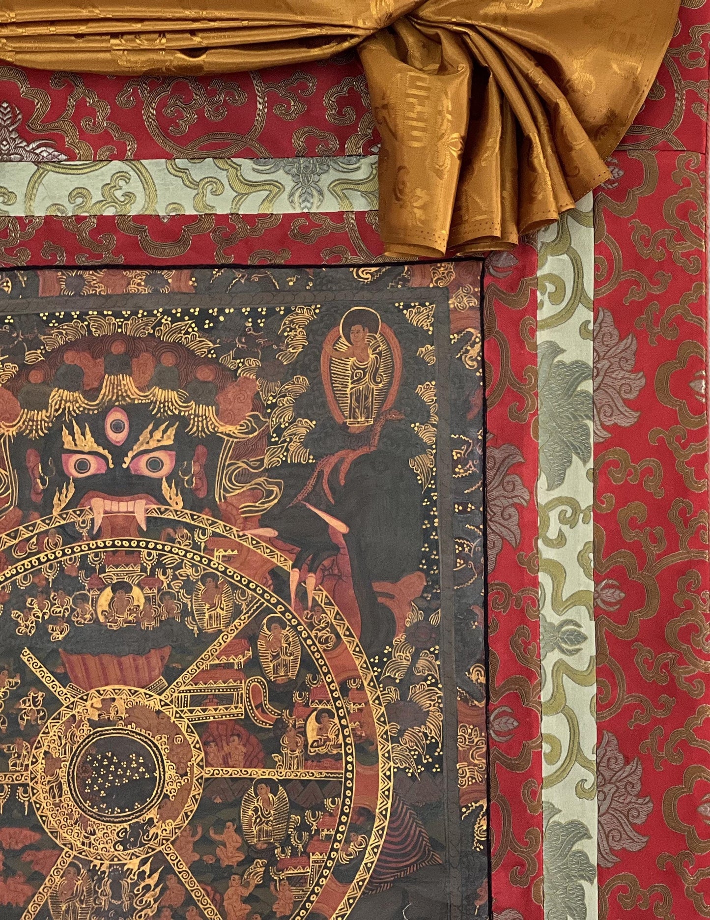 Hand-painted Original Oil-Varnished Wheel of Life Mandala – Tibetan Bhavachakra Thangka with Silk Brocade