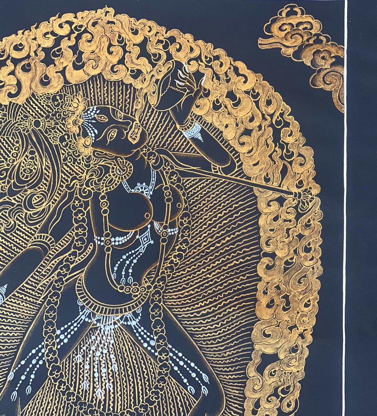 Hand-Painted Vajrayogini Thangka – Black and Gold Buddhist Art with Silk Brocade