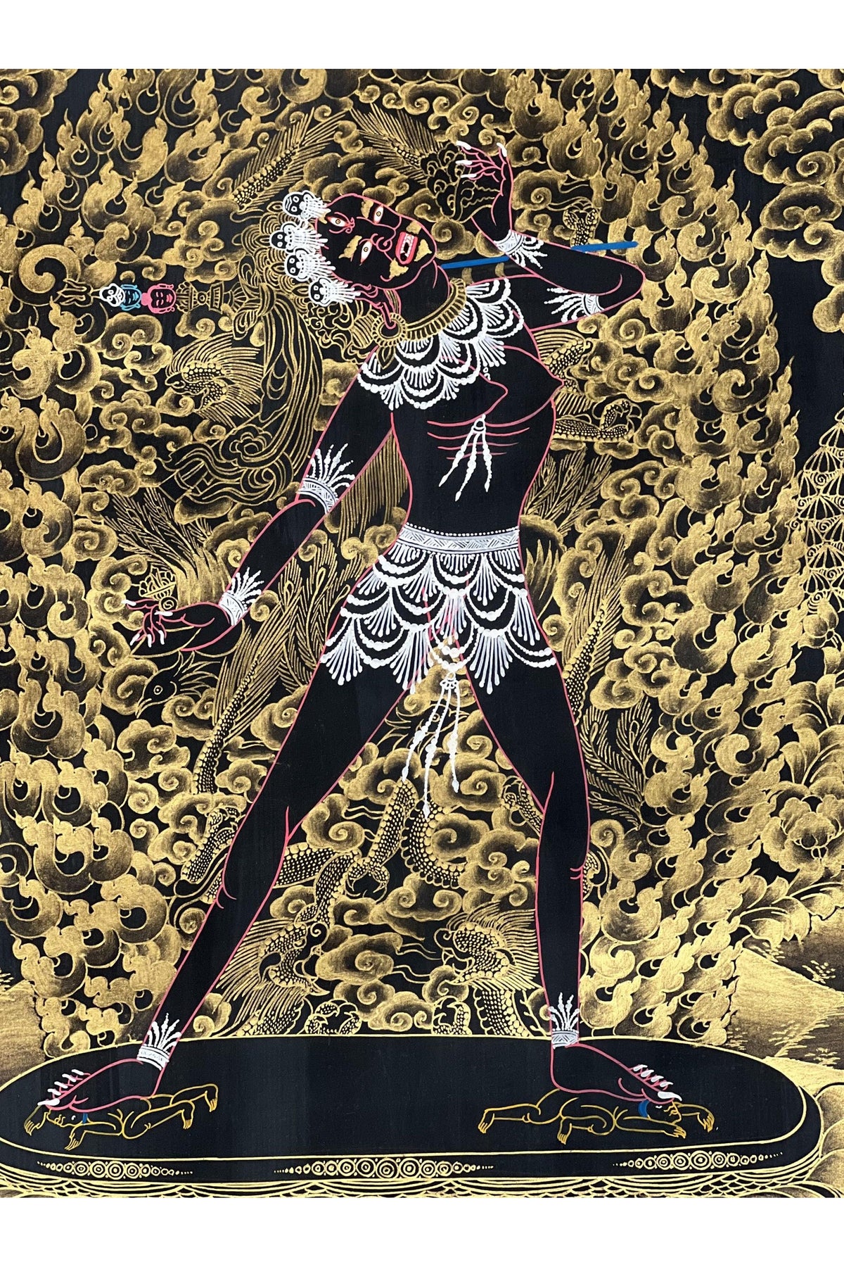 Hand-Painted Vajrayogini Thangka – Black and Gold Tibetan Art with Silk Brocade