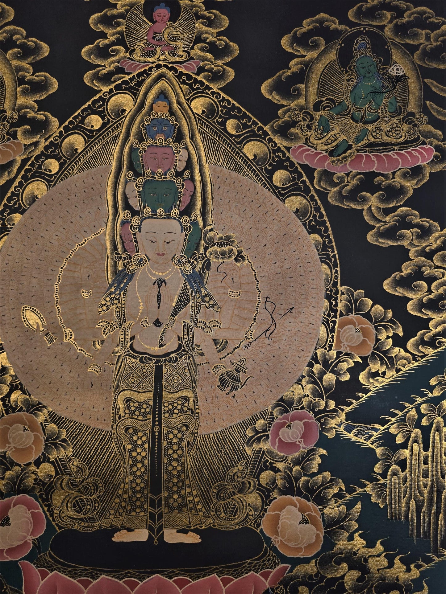 Hand-Painted Avalokiteshvara Thangka - 1000 Armed Tibetan Compassion & Meditation Masterpiece - Unique SAHASRABHUJA Artwork