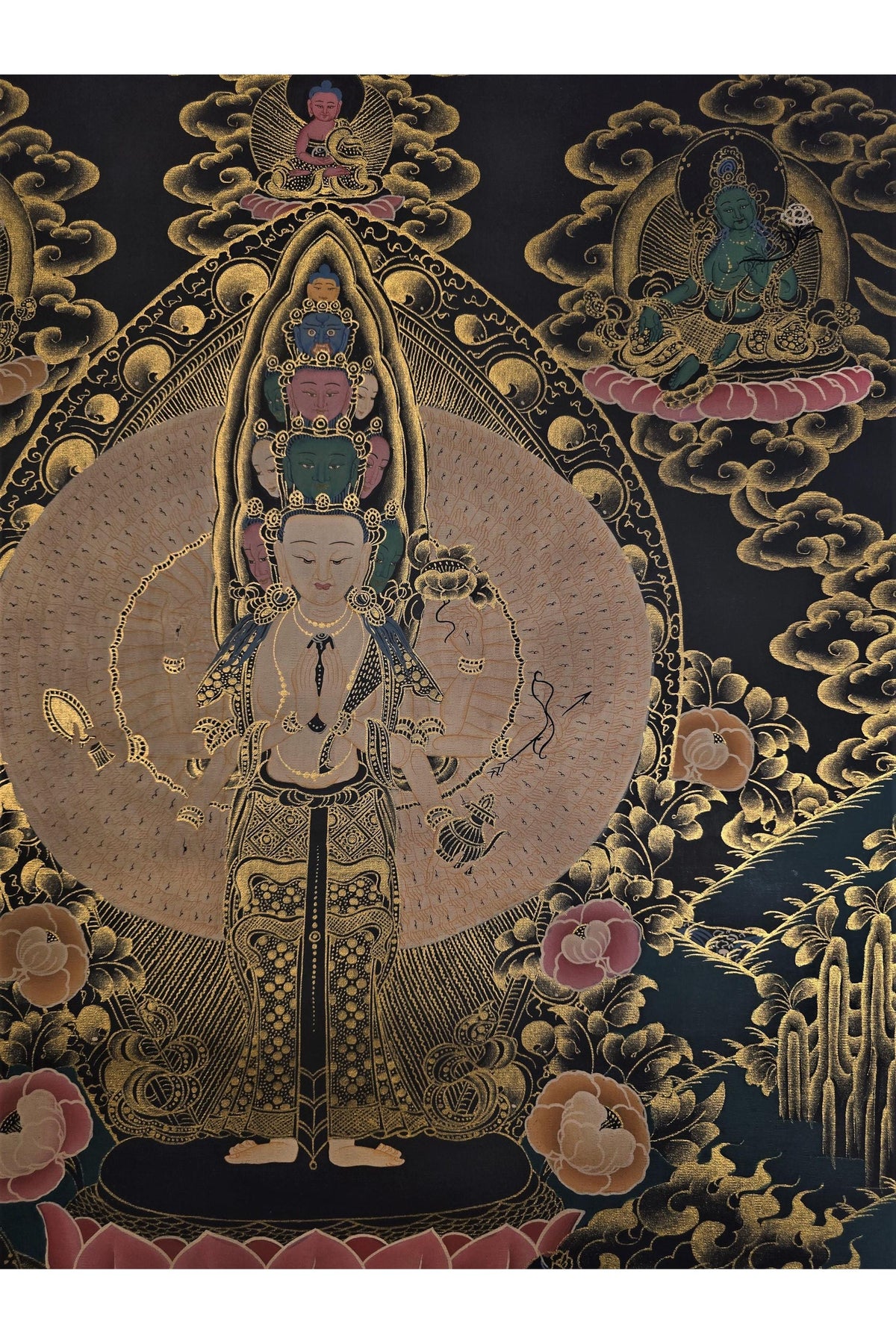 Hand-Painted Avalokiteshvara Thangka - 1000 Armed Tibetan Compassion & Meditation Masterpiece - Unique SAHASRABHUJA Artwork