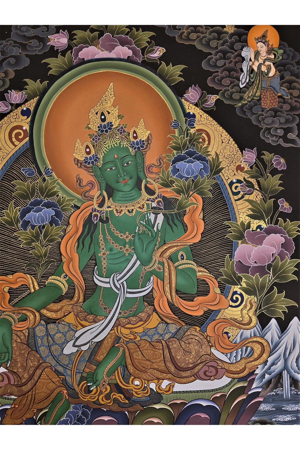 Hand-Painted Green Tara Thangka – Tibetan Compassion Wall Art