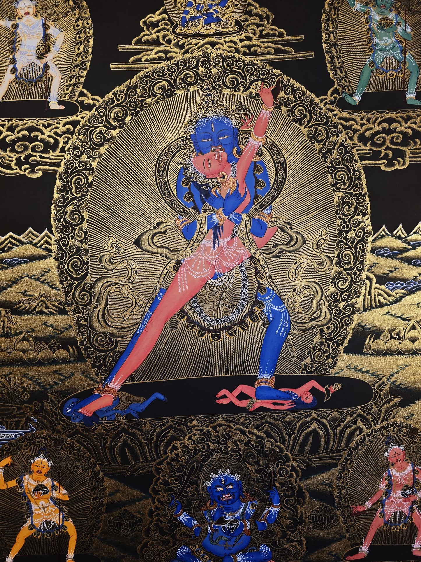 Chakrasamvara in Union with Vajravarahi – Hand-Painted Tibetan Black Thangka with Protector Deities, From Nepal