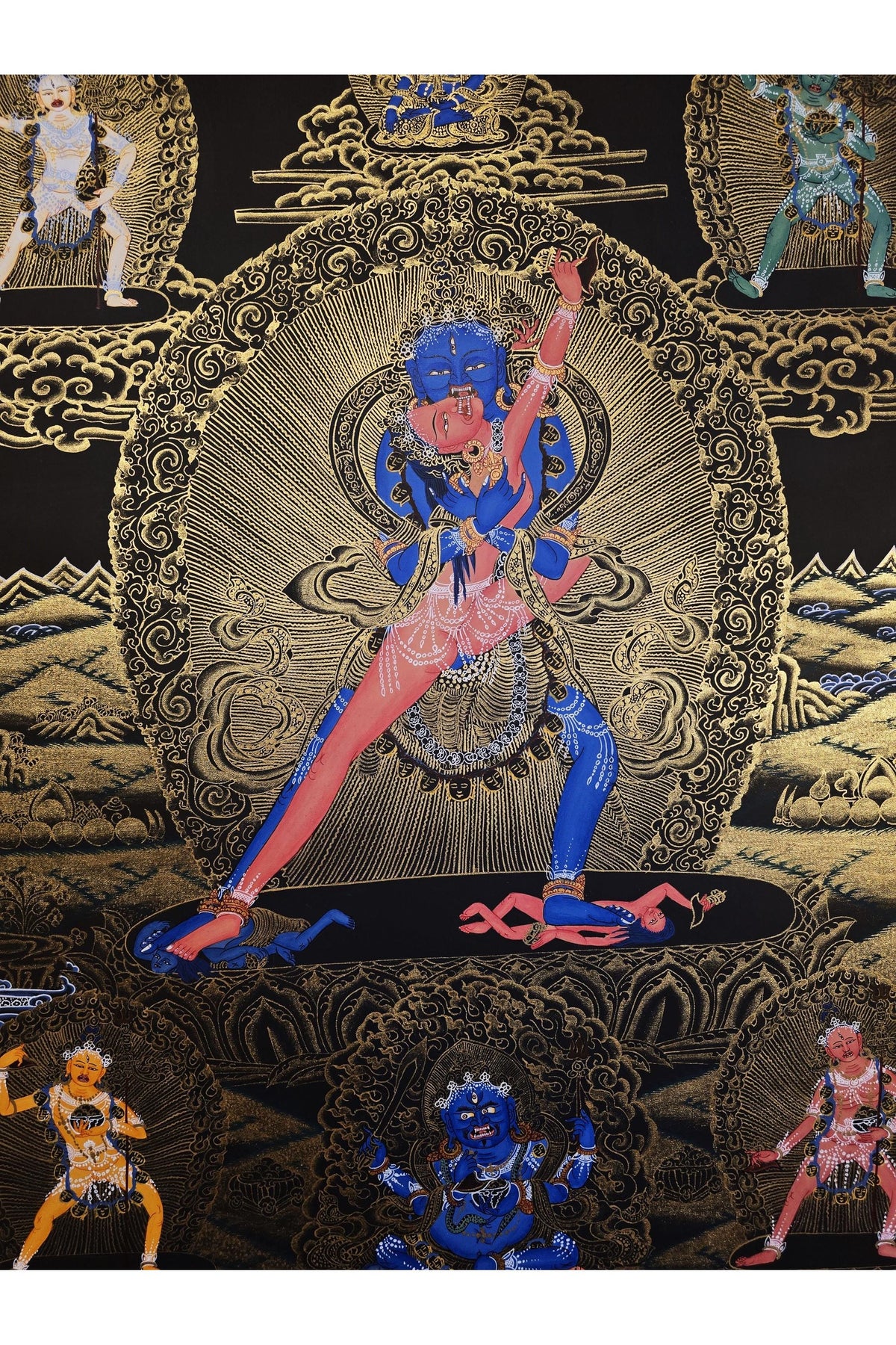 Chakrasamvara in Union with Vajravarahi – Hand-Painted Tibetan Black Thangka with Protector Deities, From Nepal