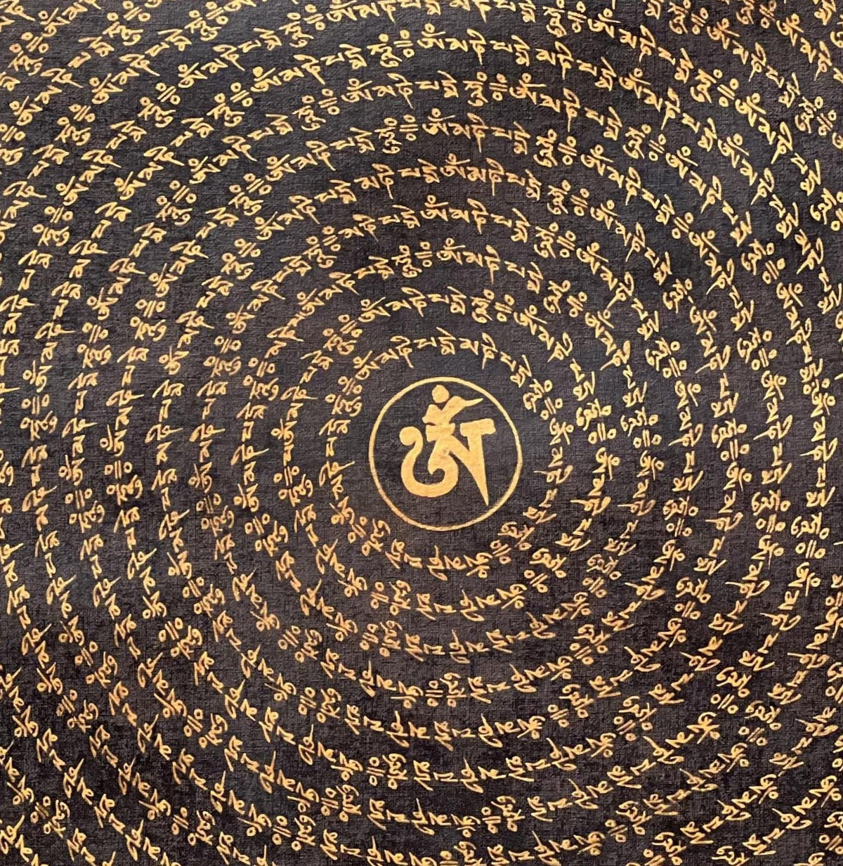 Black and Gold Om Mani Padme Hum Mantra Thangka Painting: Tibetan Mandala Art