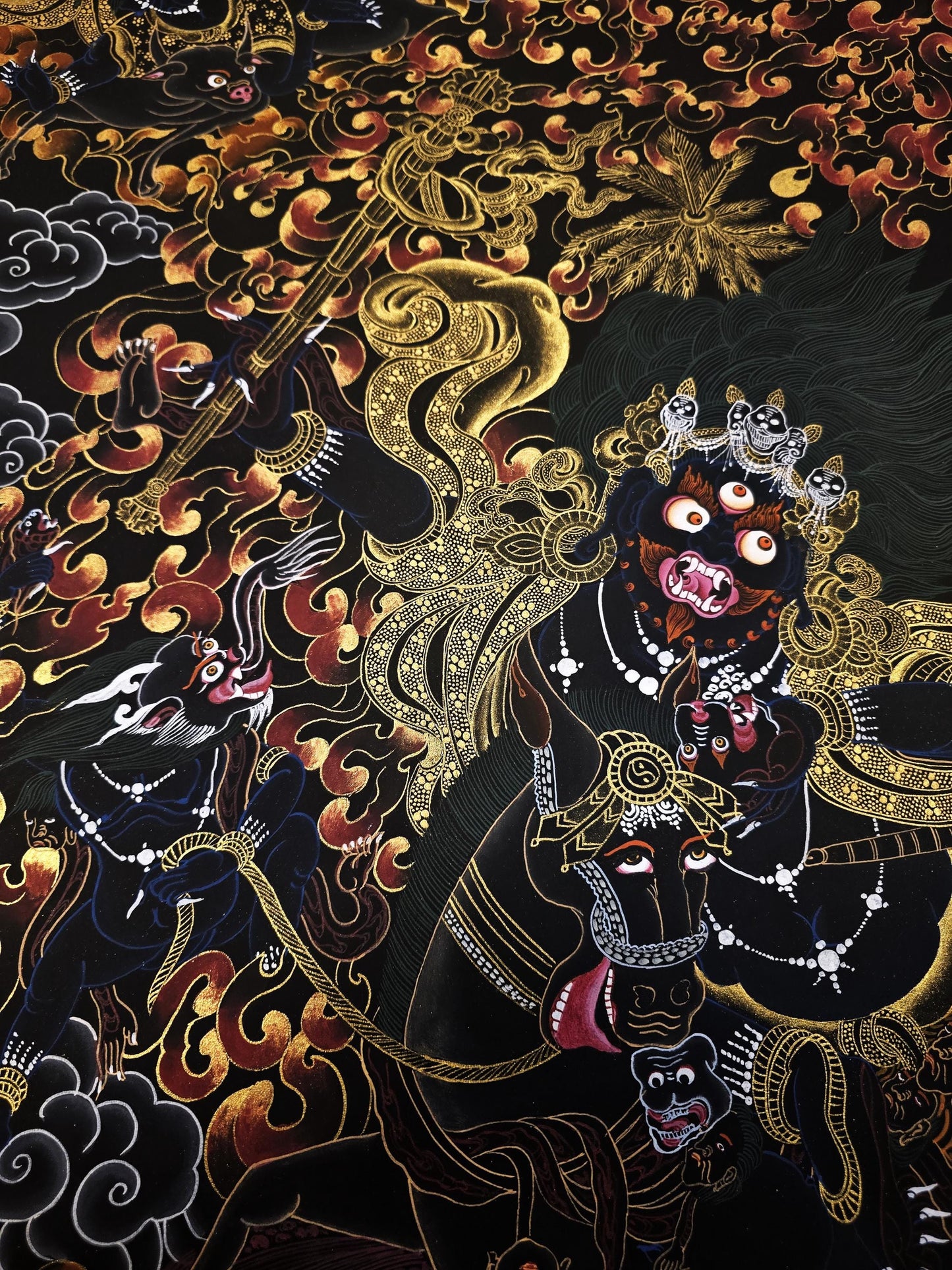 Hand-Painted Palden Lhamo Thangka | Black and Gold Buddhist Art