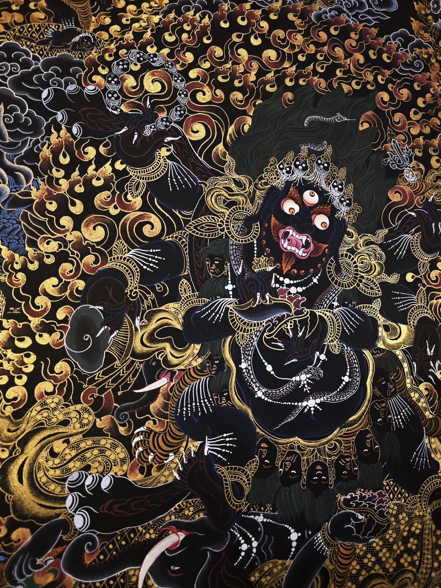 Original Hand-Painted Six-Armed Mahakala Black and Gold Tibetan Thangka Painting – Protector Deity of Compassion