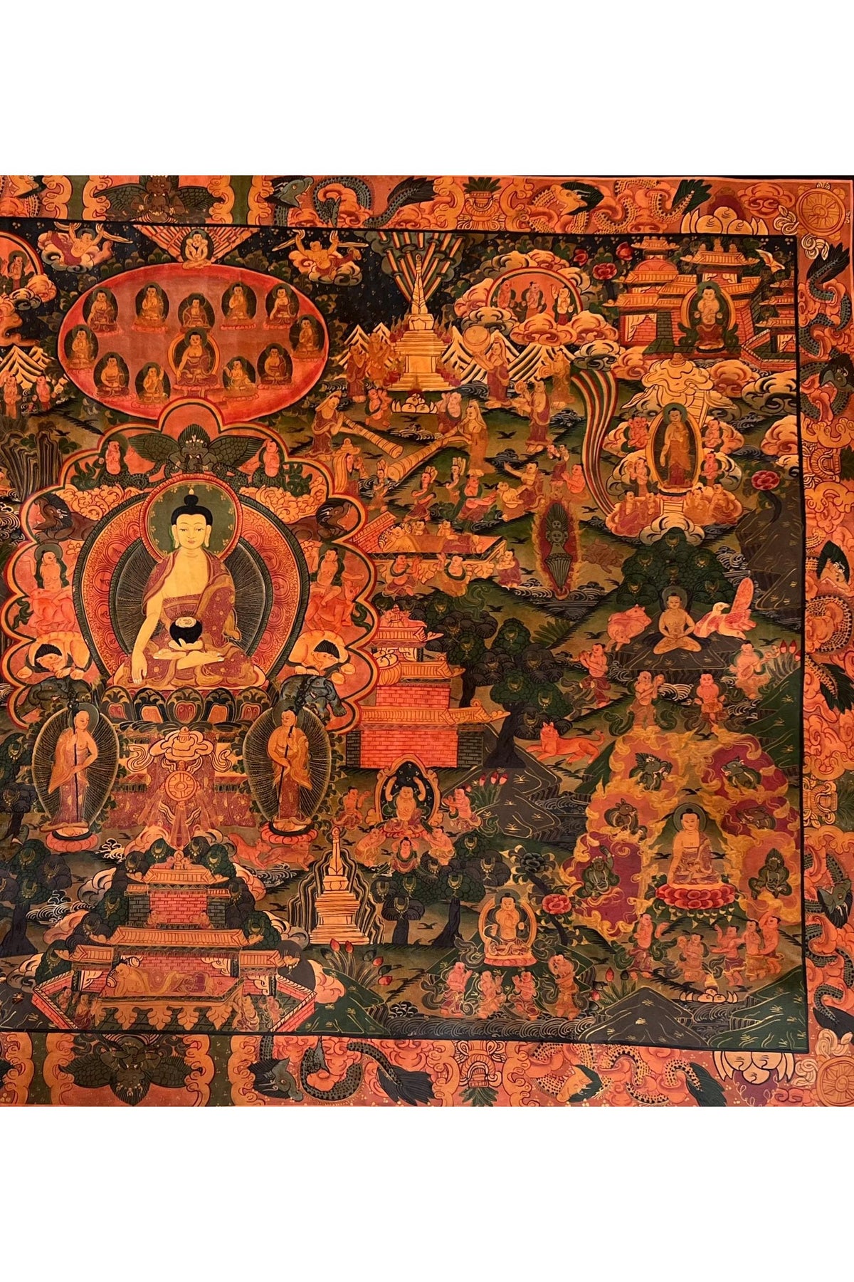 Large Buddha Life Story Thangka • Semi-Old Tibetan Painting, Nepal Art