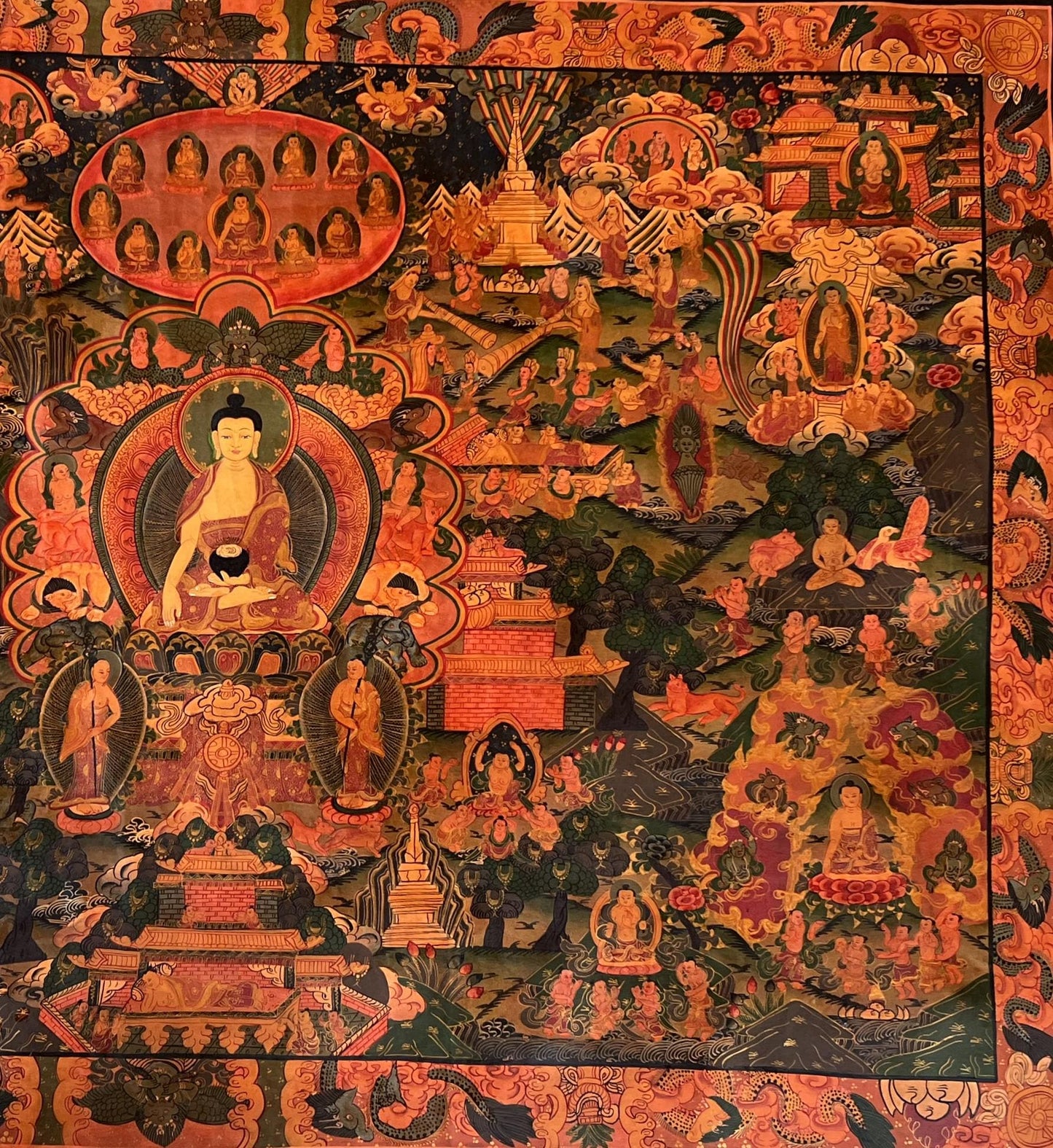 Large Buddha Life Story Thangka • Semi-Old Tibetan Painting, Nepal Art
